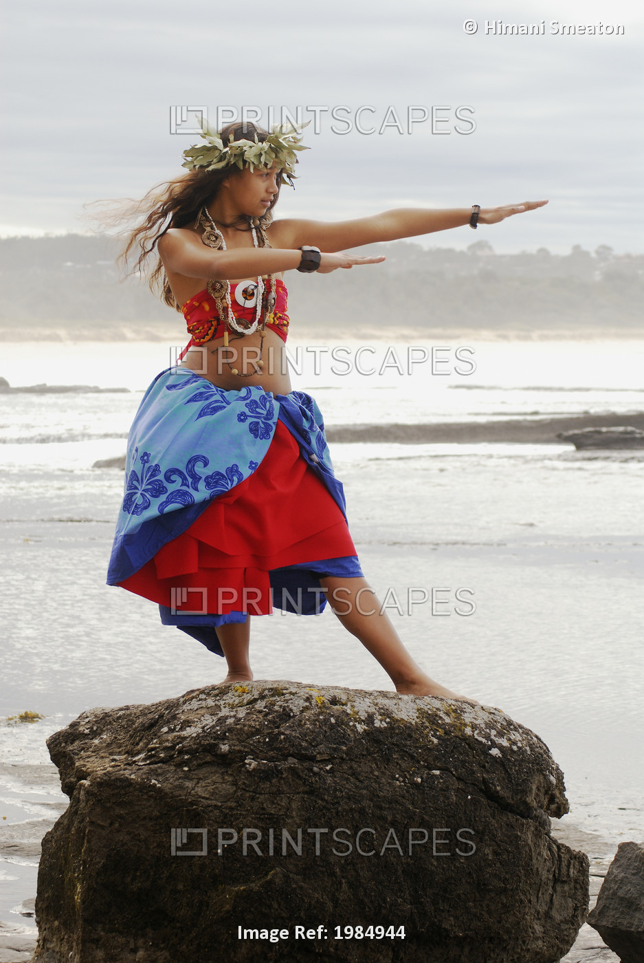 USA, Hawaii Islands, Maui, Beautiful Hawaiian girl dancing hula on rock ...