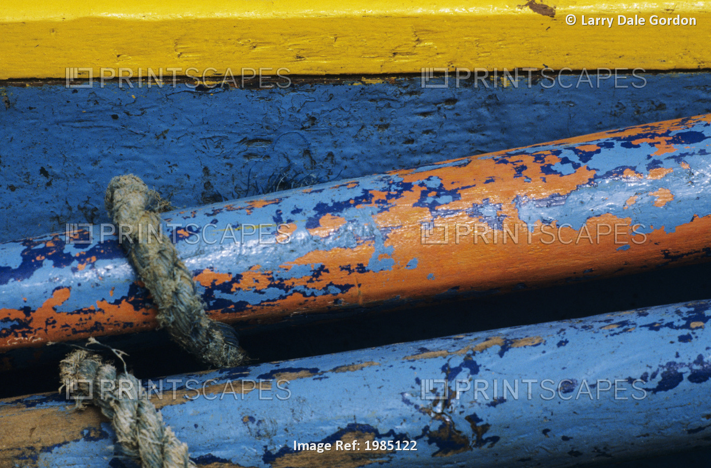 Rustic Boat Parts, Detail Of Wooden Structure And Colorful Peeling Paint.