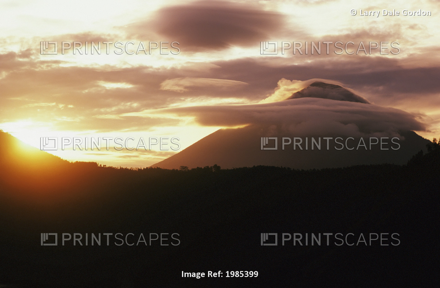 Indonesia, Bali, Abang and Agung mountain peaks at sunset; Lake Batur
