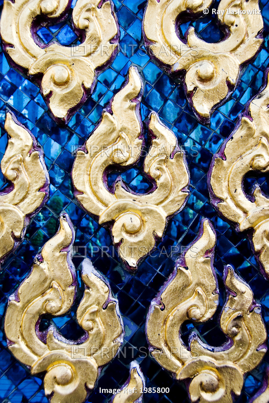 Thailand, Bangkok, Wat Pho, Detail Of Temple, Blue With Golden Shapes.