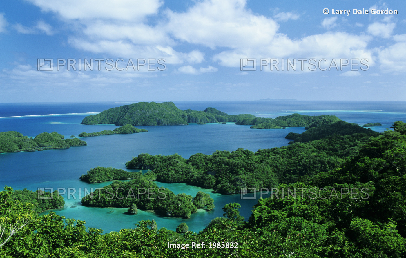 Fiji, Landscape overlooking bay among islands; Vanua Belavu
