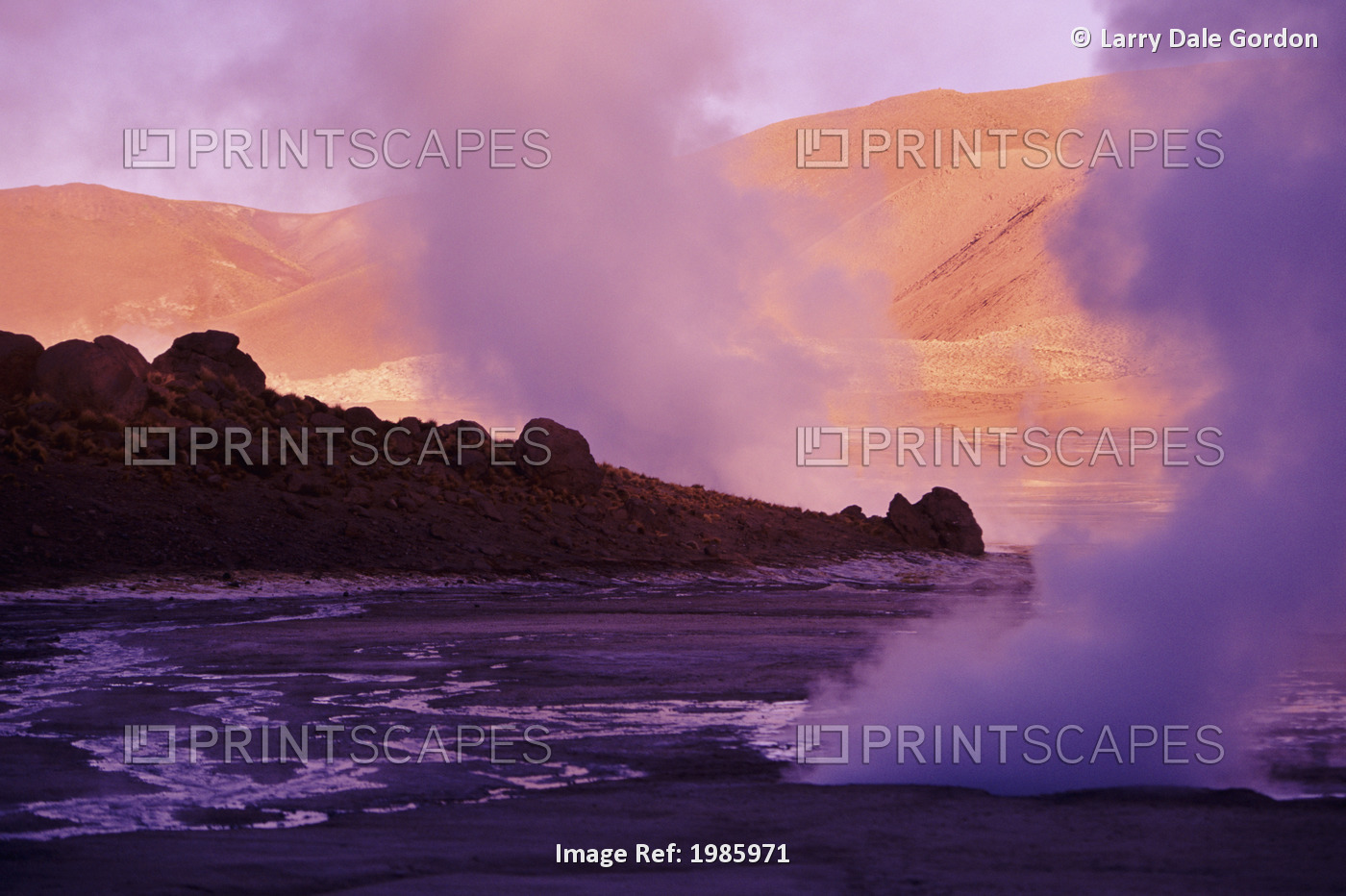 Chile, Late Afternoon Lighting; Atacama Desert, Steam rising from soil, El ...