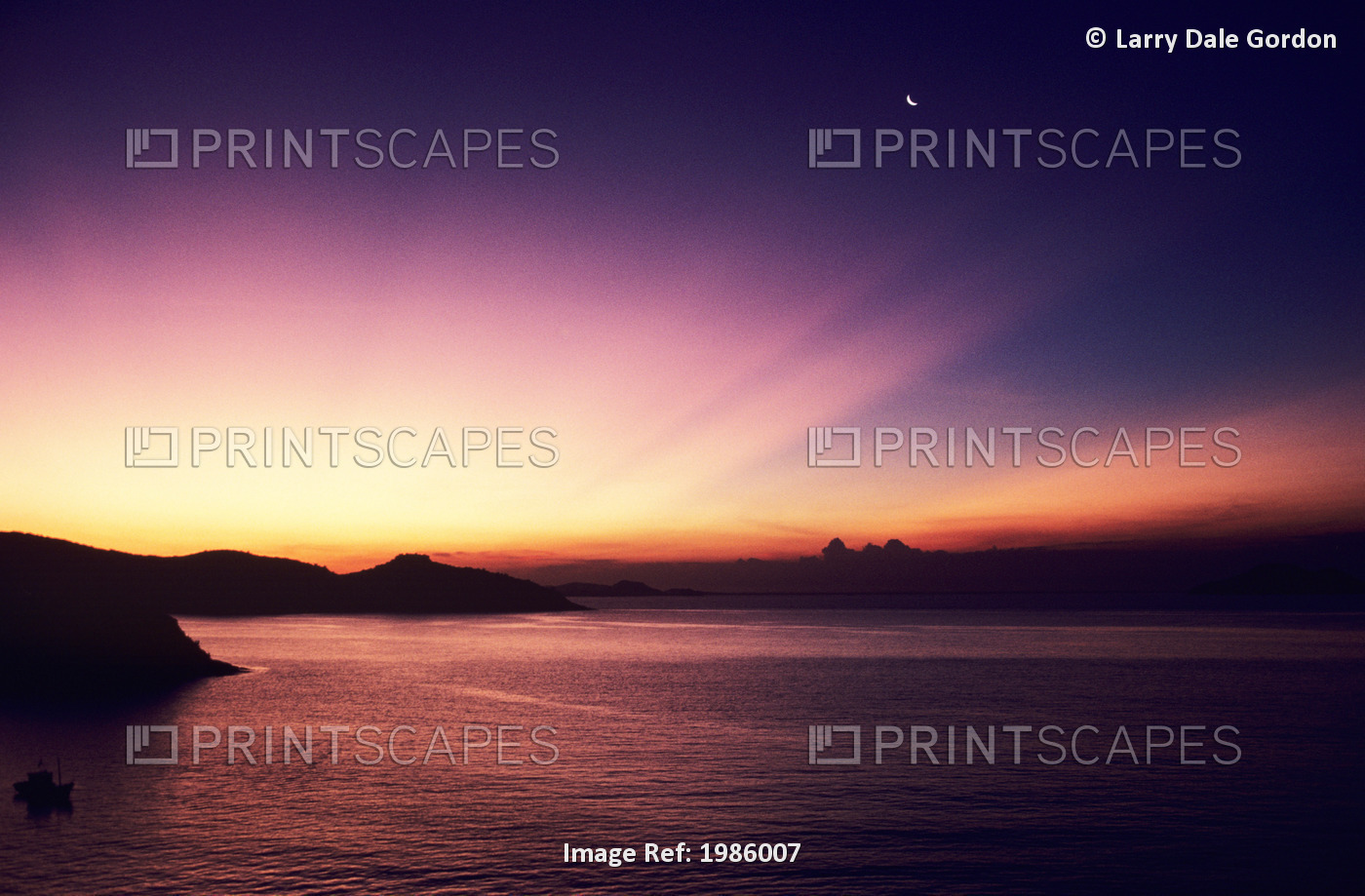 Mexico, Acapulco Bay, Colorful Sunset On Horizon, Crescent Moon In Sky.