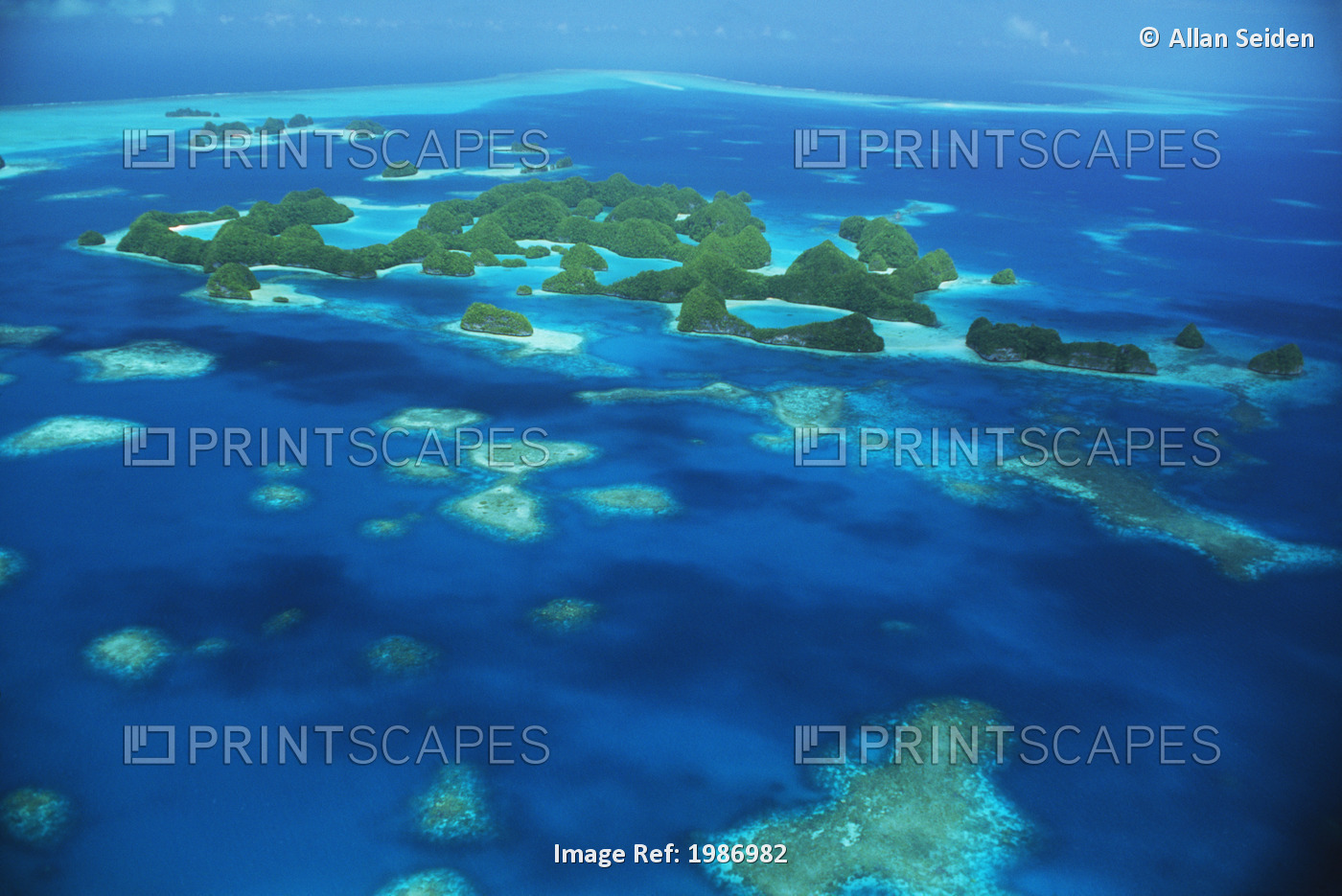 Micronesia, Palau, Aerial view; Rock Islands, Blue Ocean