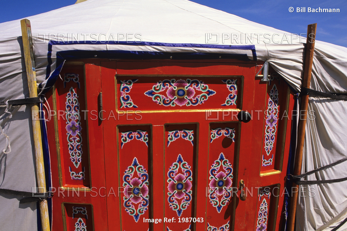 Mongolia, Detail of red wooden door; Ger Ranch, Traditional nomadic home
