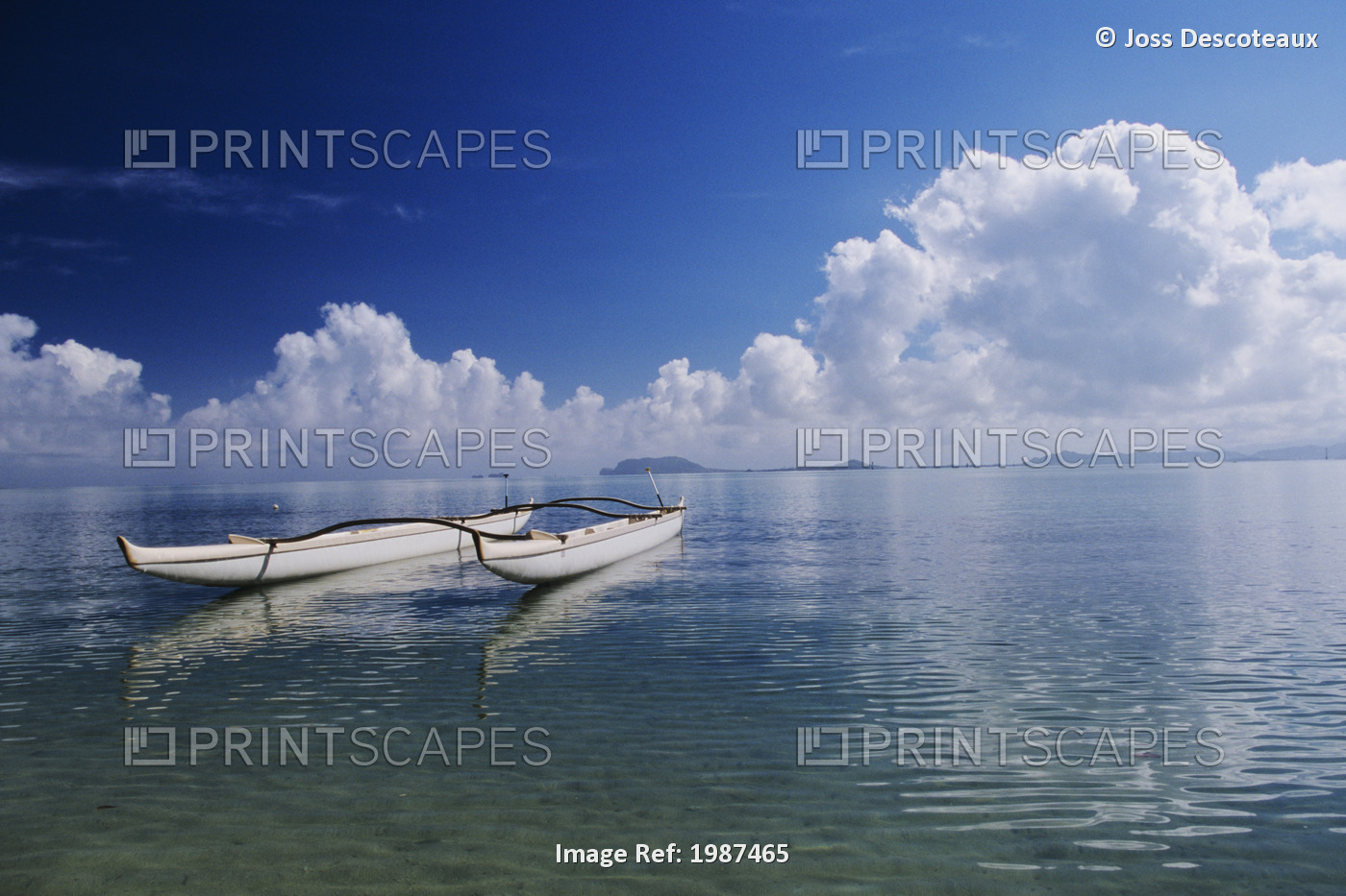 Hawaii, Oahu, Kaneohe Bay, Secret Island, White Double Hull Canoe On Calm ...