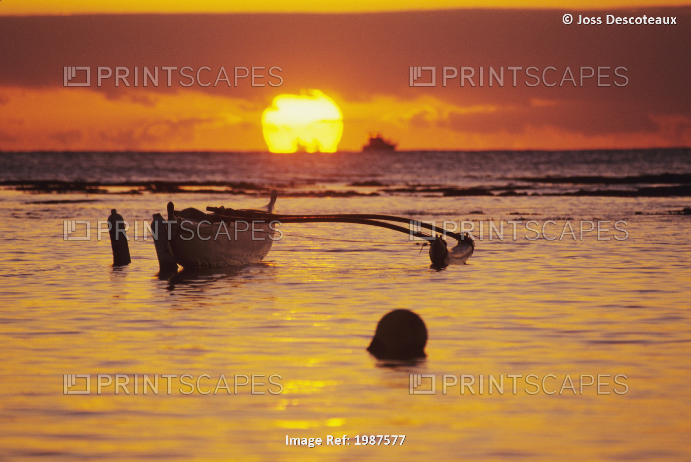 Hawaii, Outigger Canoe Silhouetted On Ocean At Sunset, Orange Reflections On ...
