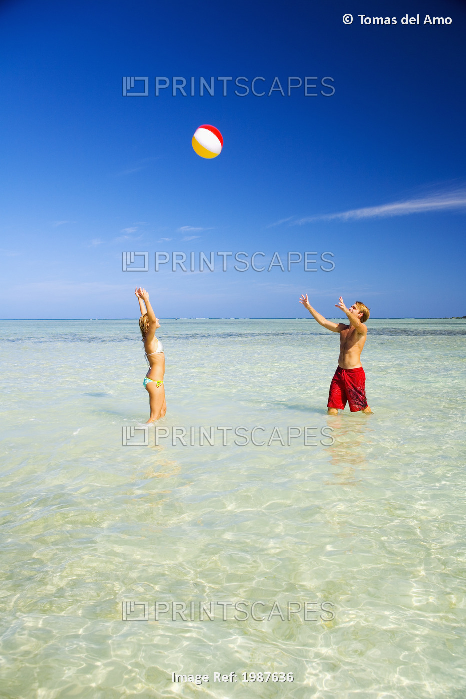 Hawaii, Oahu, Kaneohe, Couple Playing With Beach Ball In Crystal Clear Water At ...
