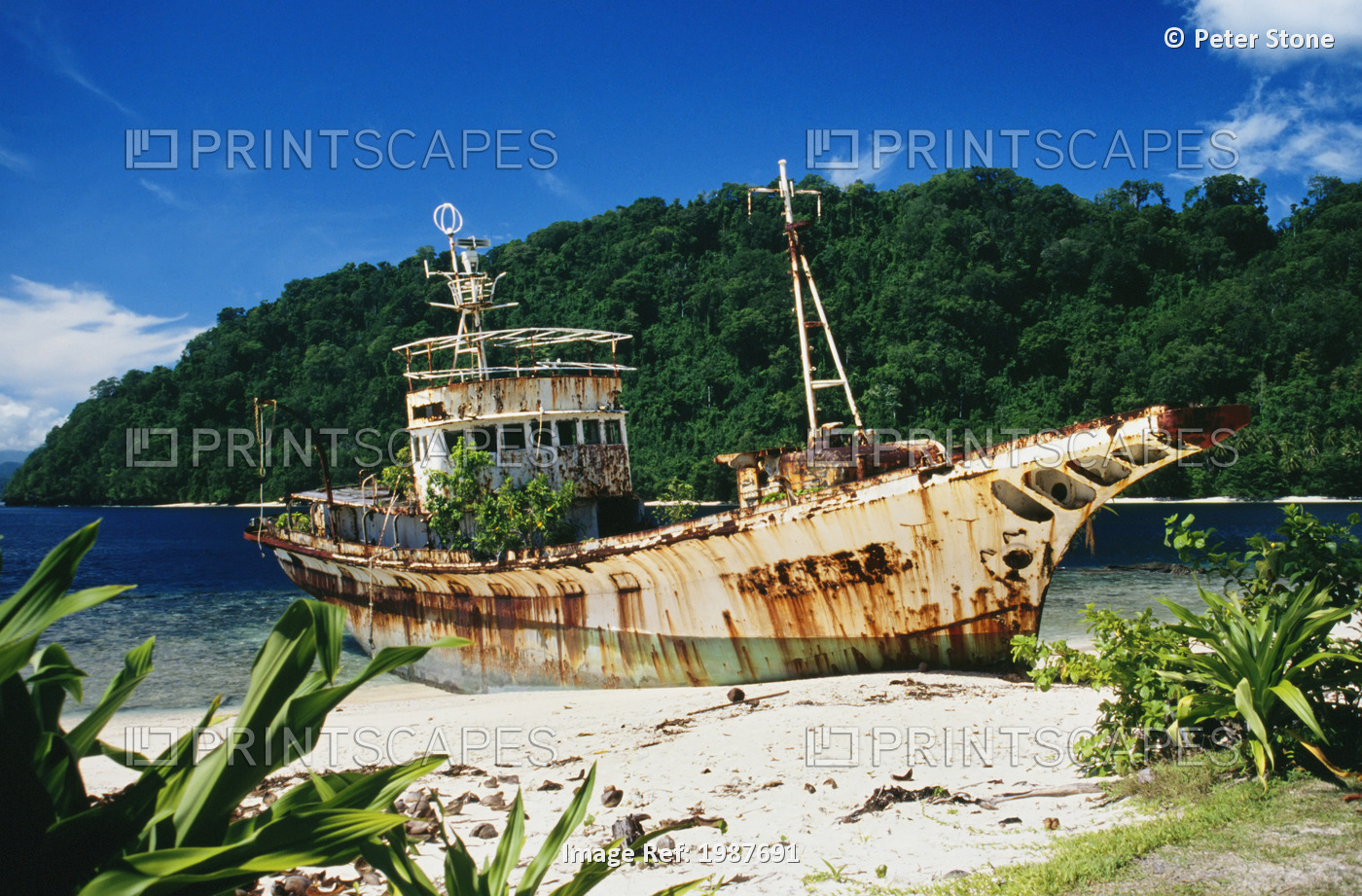 Shipwrecked fishing boat on beach; Papua New Guinea