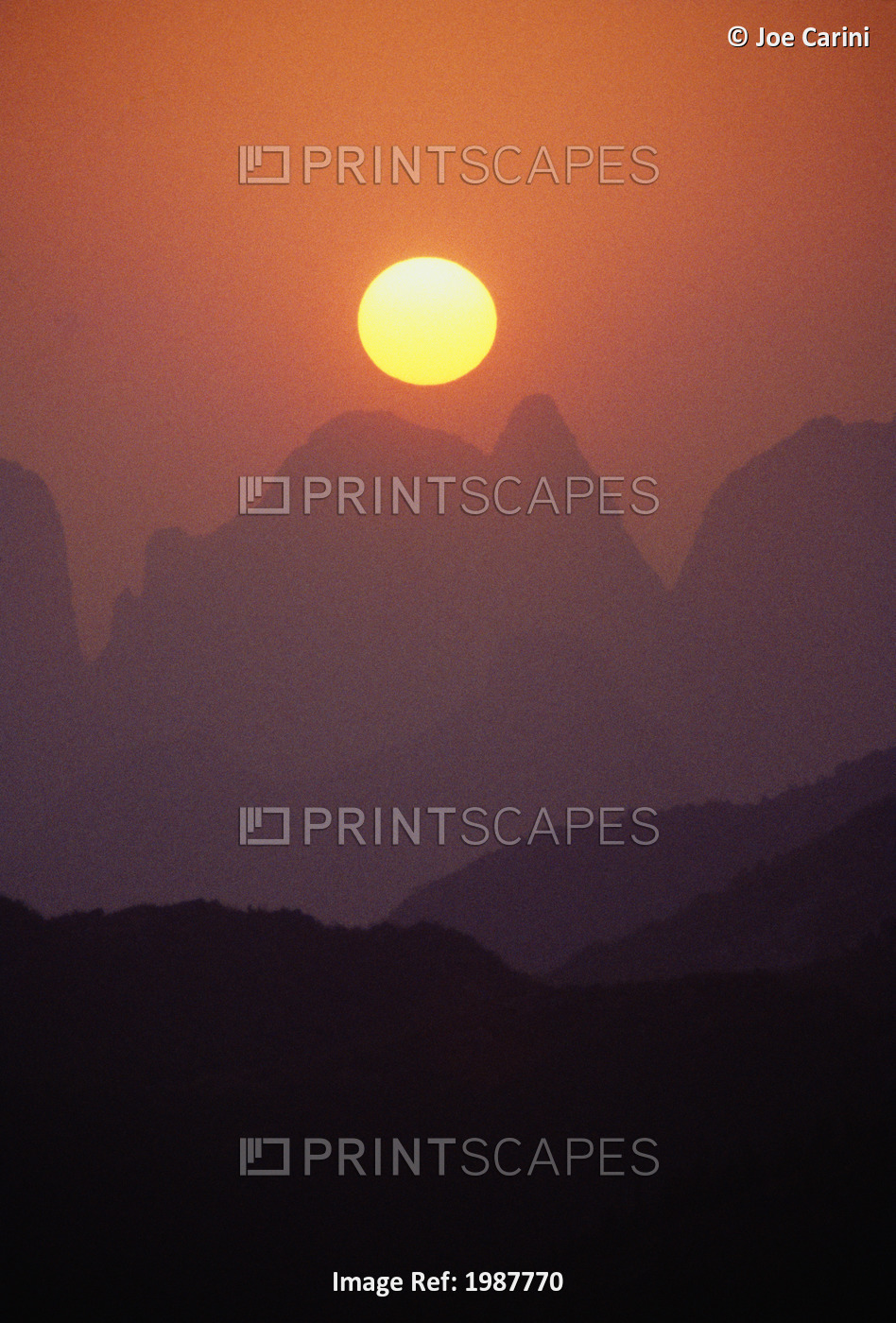China, Guilin, Golden Sunball Over Piled Silk Mountains, Orange And Pink Misty ...