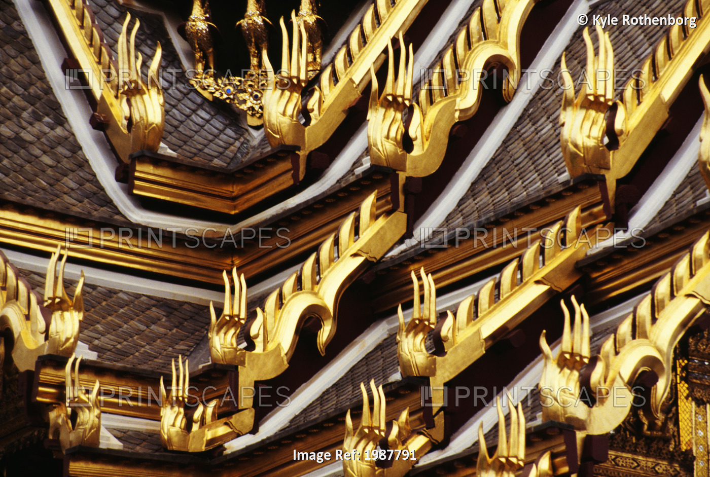 Thailand, Temple roof with gold decorations; Bangkok