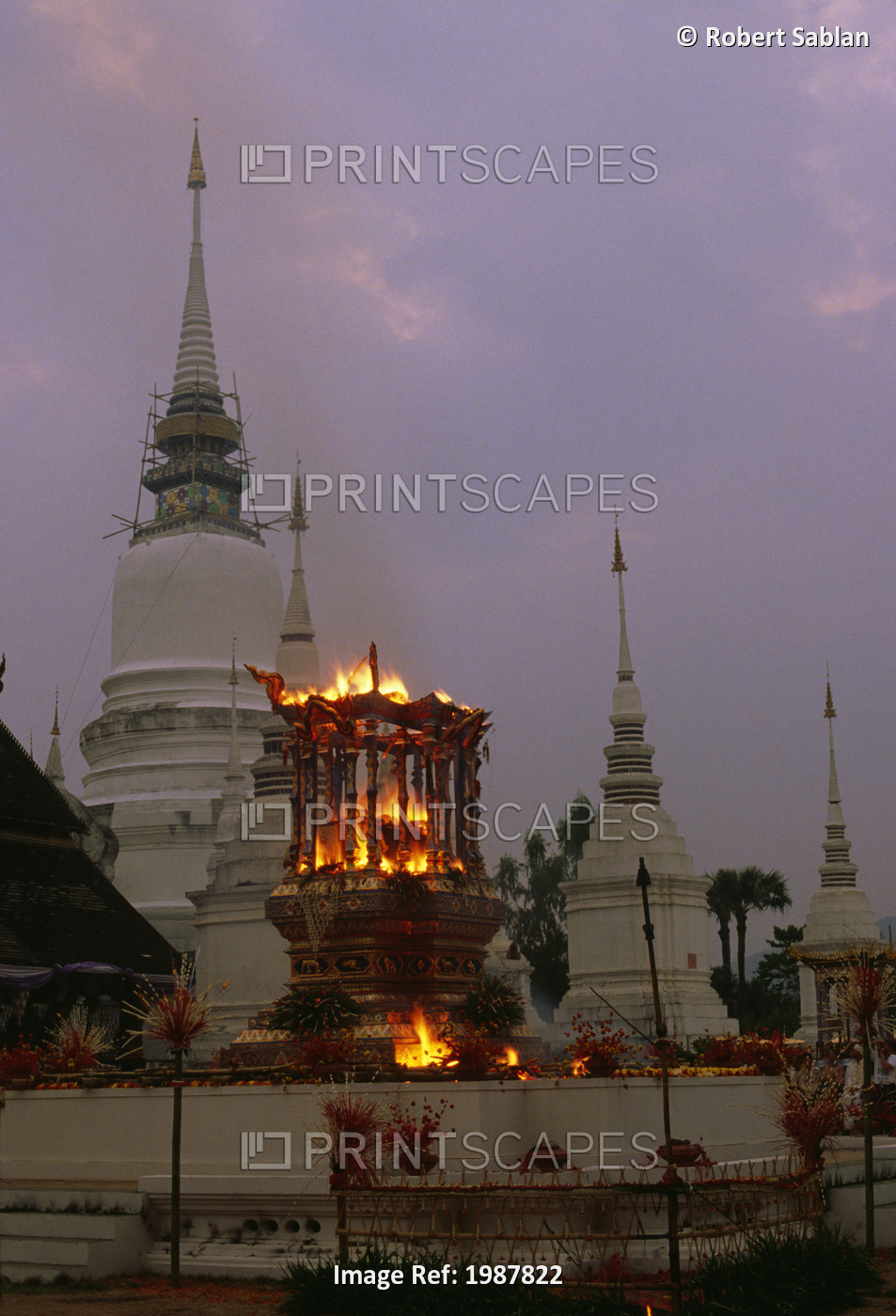 Thailand, Royal Cremation in front of temple at sunset; Chiang Mai