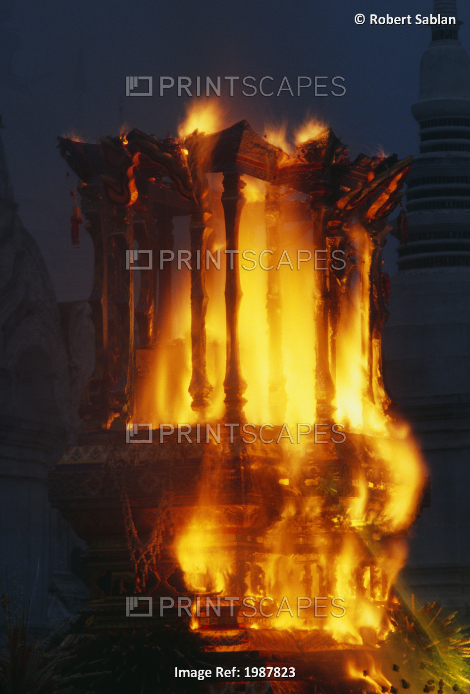 Thailand, Royal Cremation burning at night; Chiang Mai