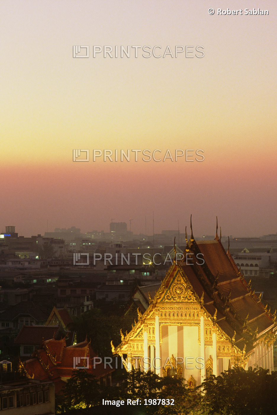 Thailand, Wat Saket Temple at sunset with evening lights; Bangkok