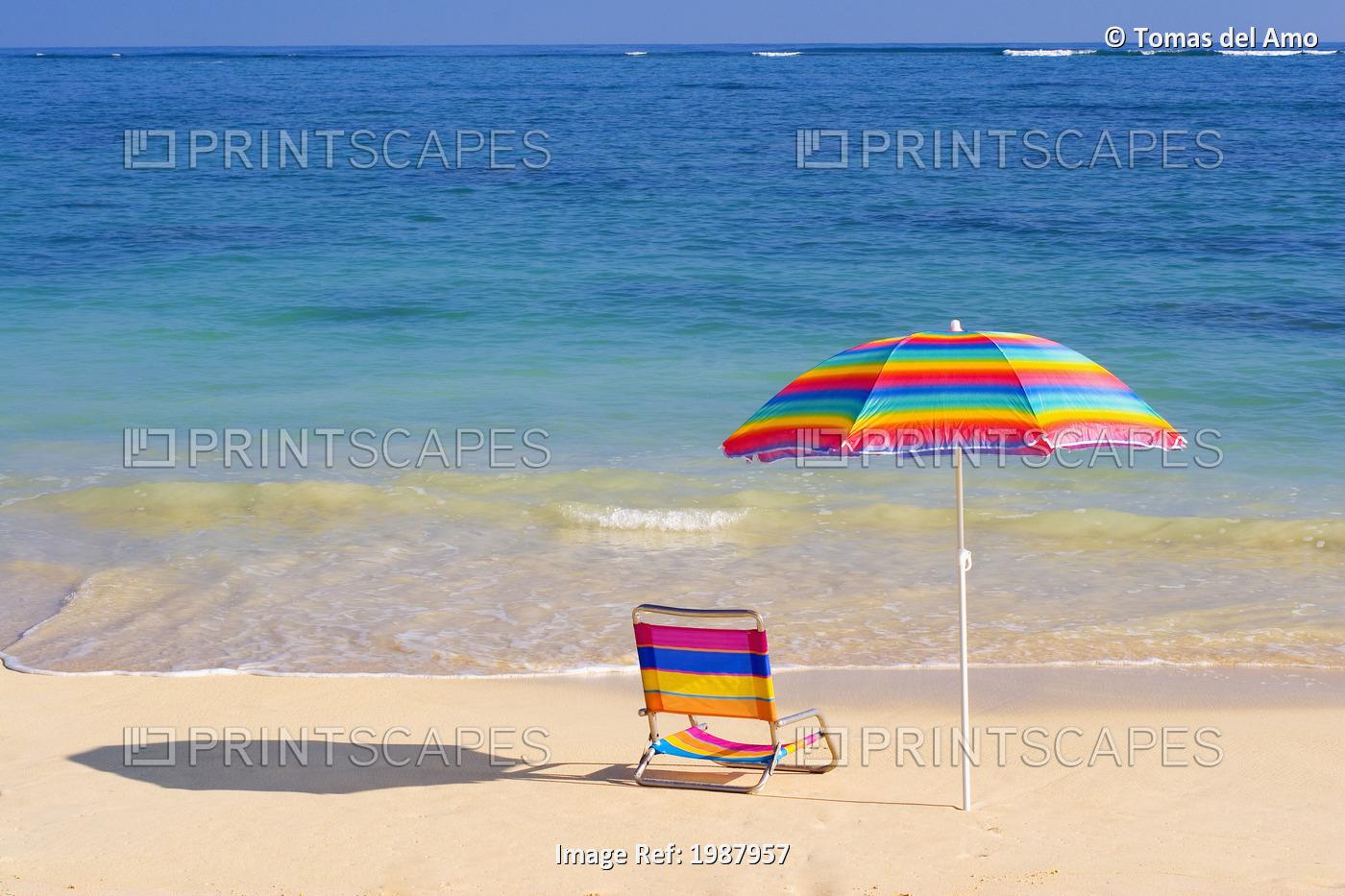 Colorful Beach Chair And Umbrella On The Shoreline Of A Tropical Beach, Calm ...