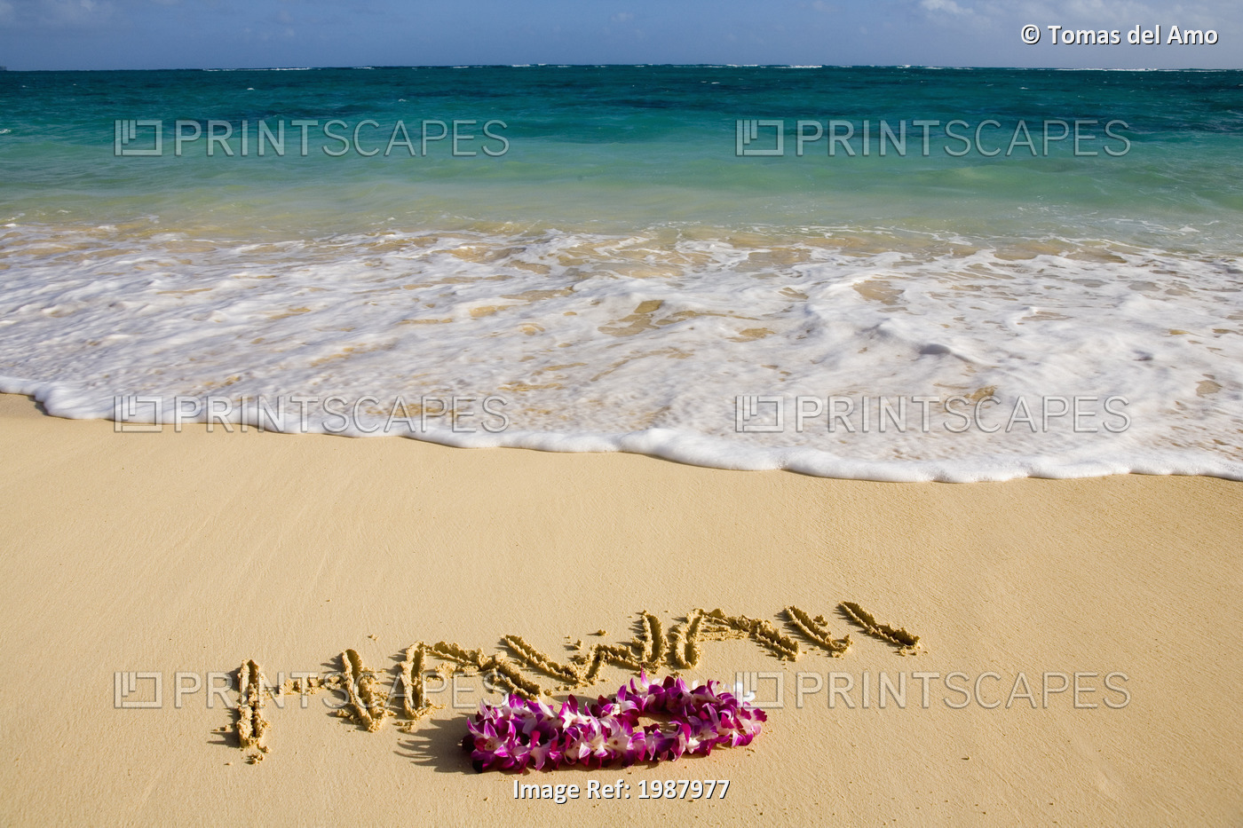 Turquoise Ocean, Foaming Shore Water, Orchid Lei, Hawaii Written In Sand