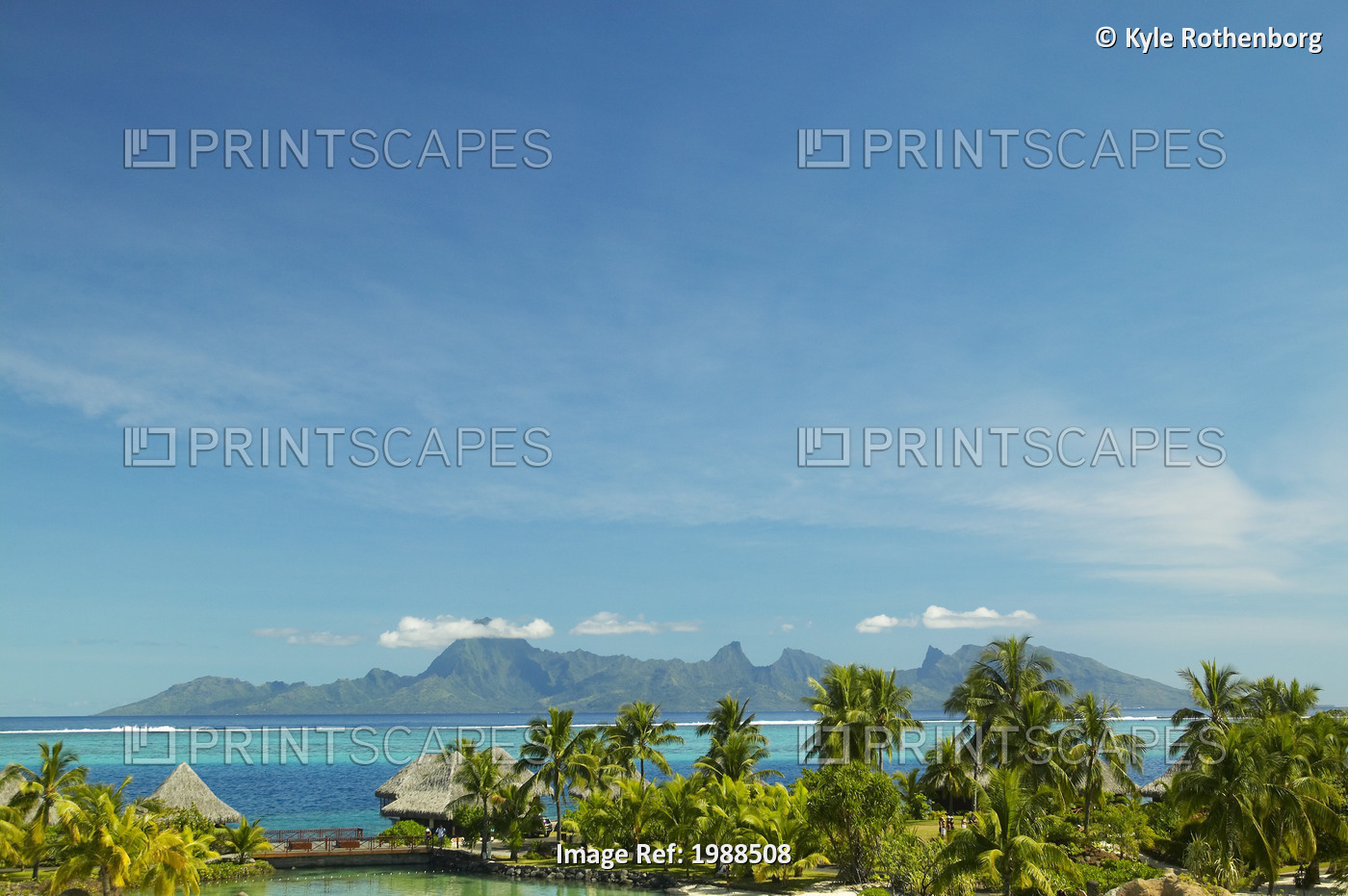 French Polynesia, Tahiti, View Of Moorea Across Turquoise Ocean, Palm Trees And ...