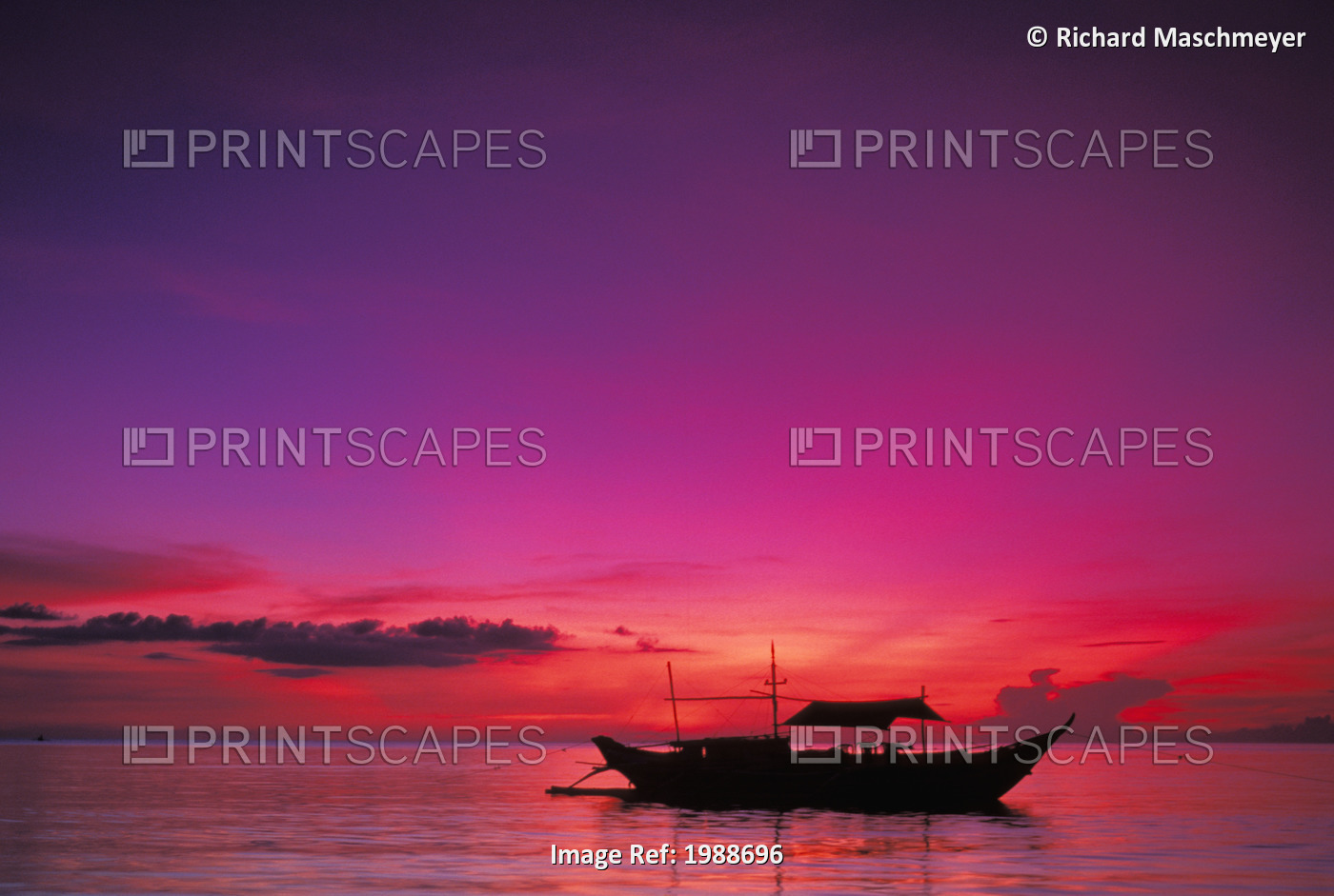 Philippines, Boracay Island, Outrigger Canoe Silhouetted At Sunset, Purple ...