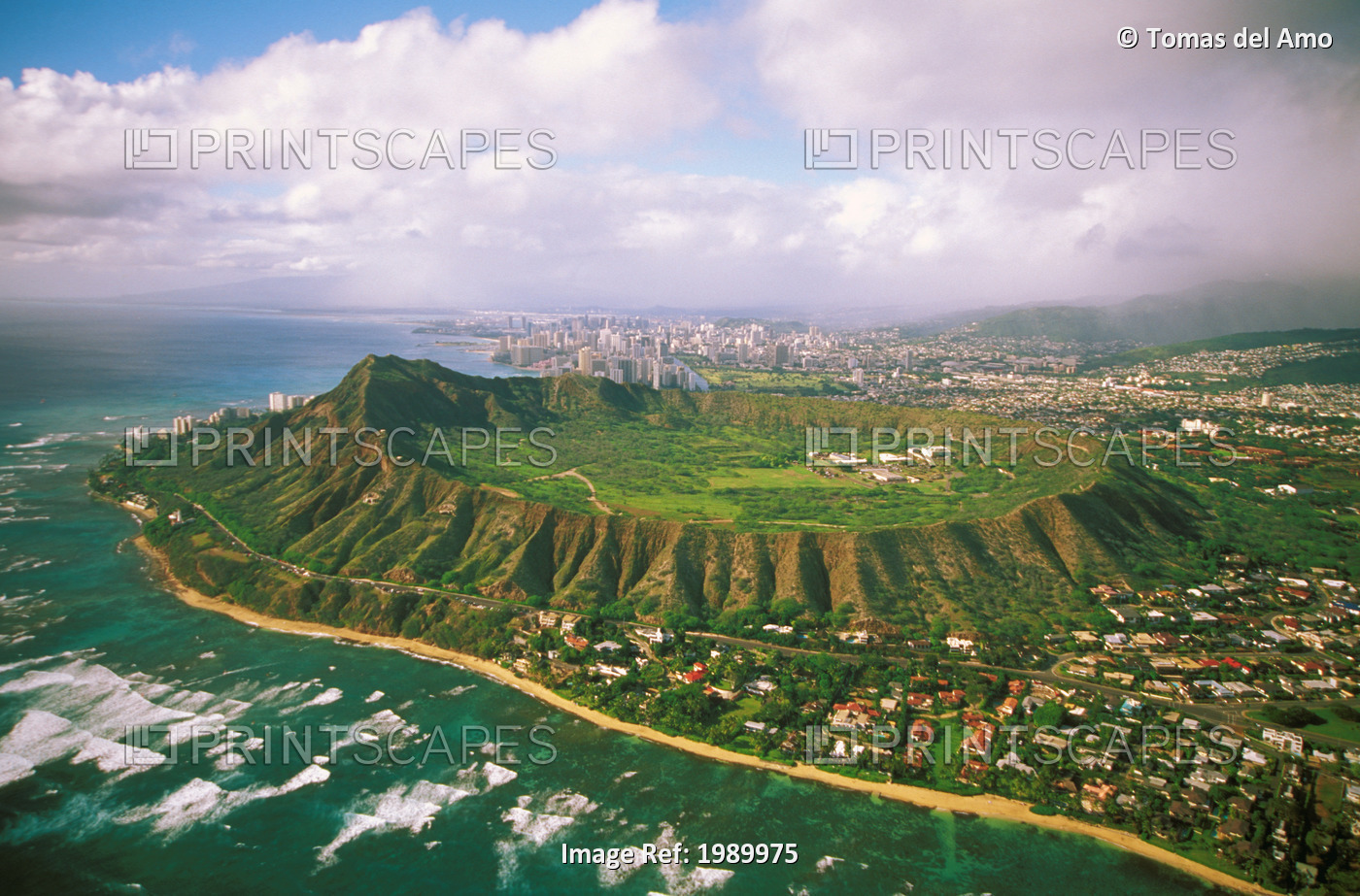Hawaii, Oahu, Aerial Of Diamond Head Crater With Coastline View, Kahala Homes ...