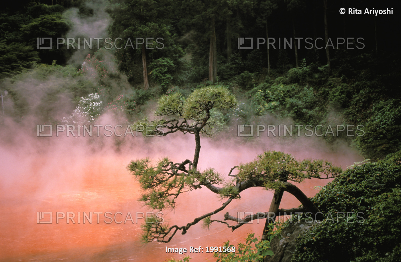 Japan, Beppu Kyushu, Mist From Chinoike Jigoku (Blood Pond Hell) Red Volcanic ...