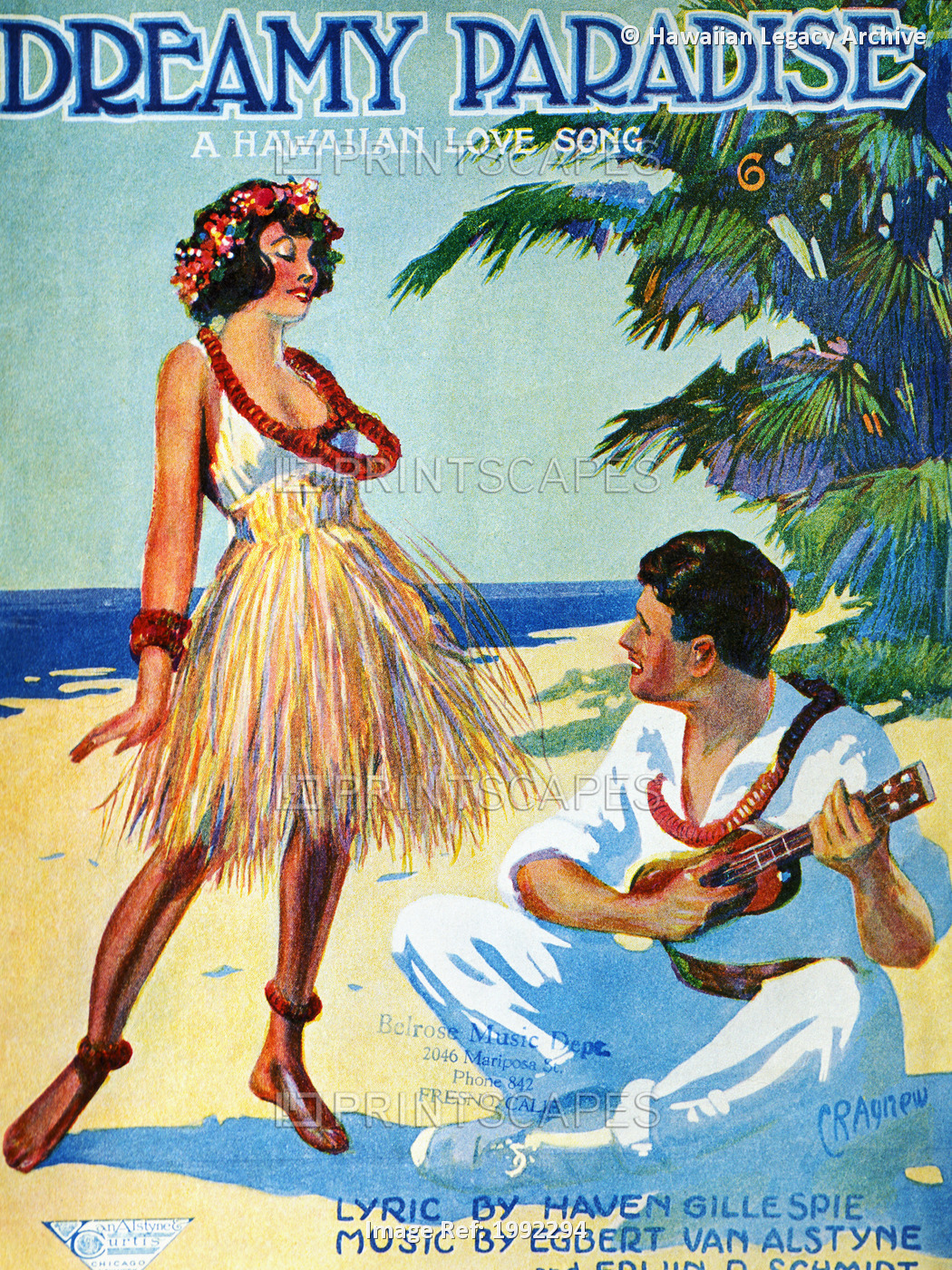 C.1920 Sheet Music, Dreamy Paradise, Hula Girl Dancing On The Beach, Man ...
