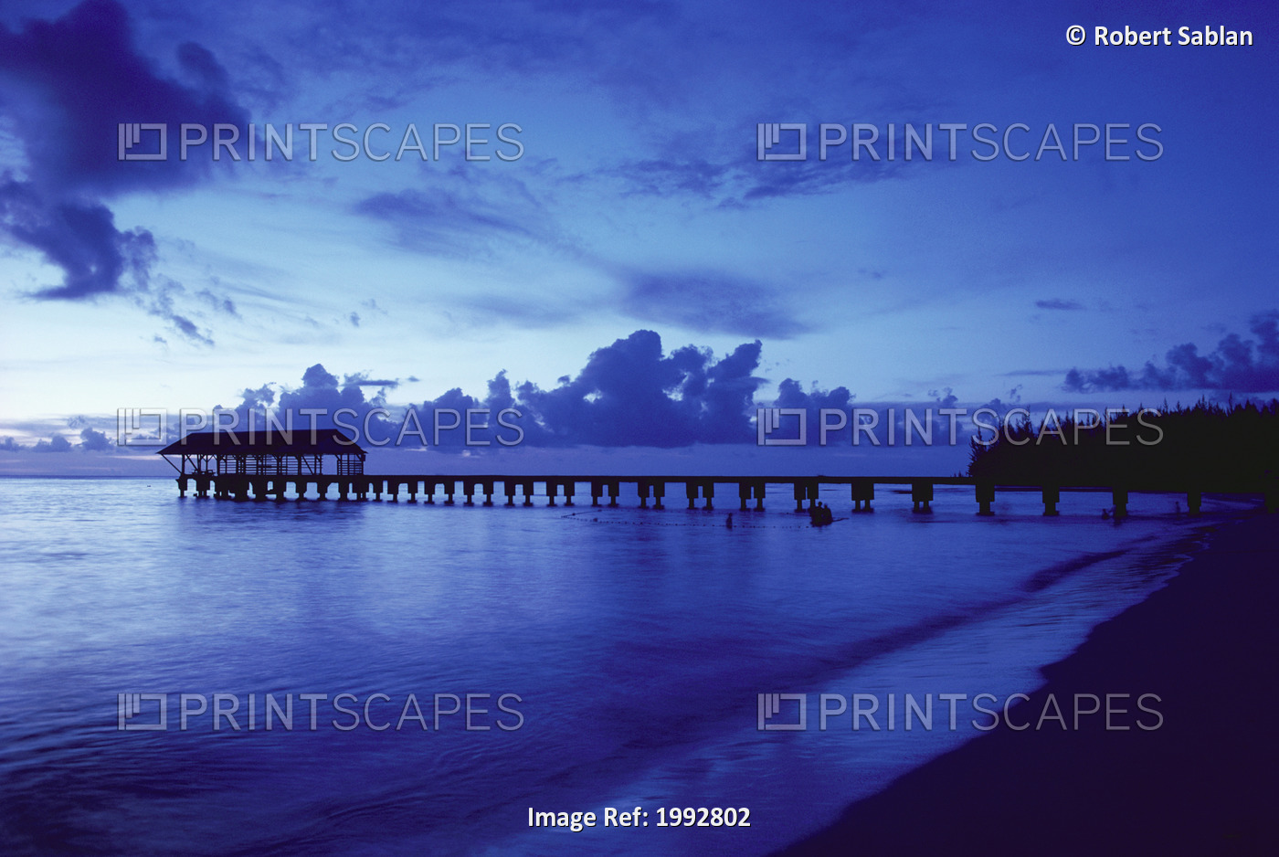 Hawaii, Kauai, Hanalei Bay, Pier At Twilight, Deep Blue Sky And Ocean.