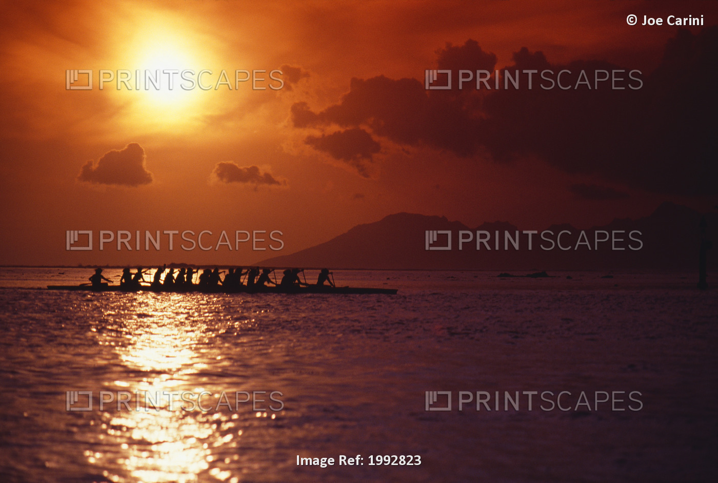 French Polynesia, Tahiti, Moorea, Bora Bora, Outrigger Canoeing At Sunset, ...