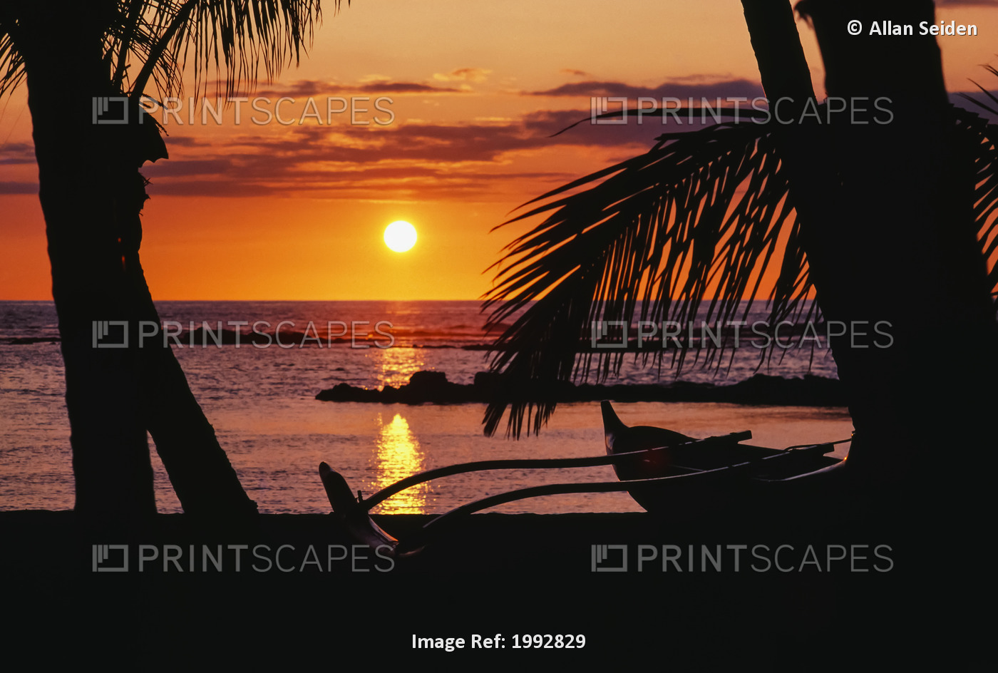Hawaii, Big Island, Mauna Lani Beach Hotel, Ocean Sunset, Outrigger Canoe ...