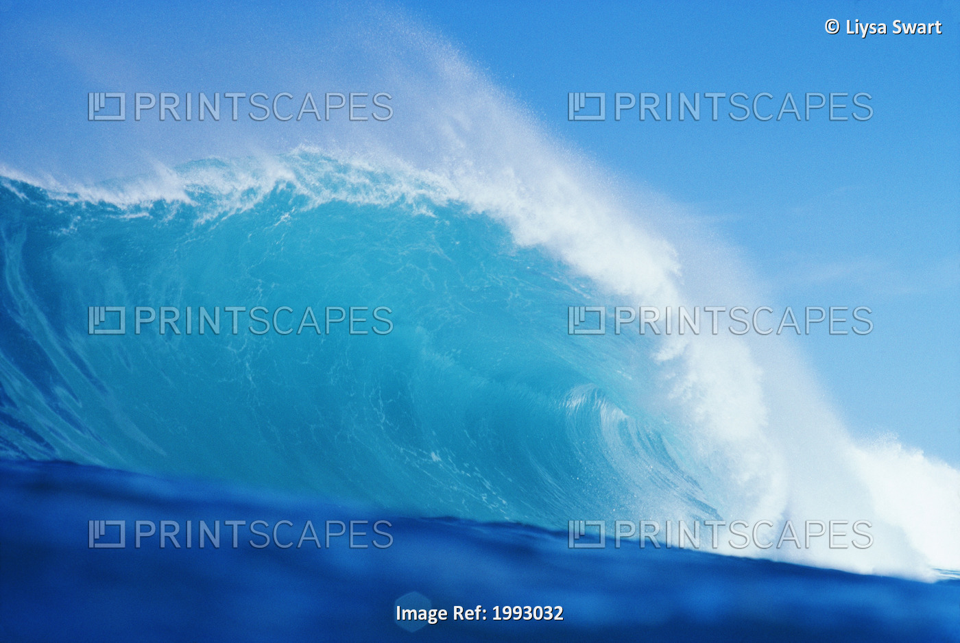 Hawaii, Large Curling Blue Wave Breaks Toward Shoreline.