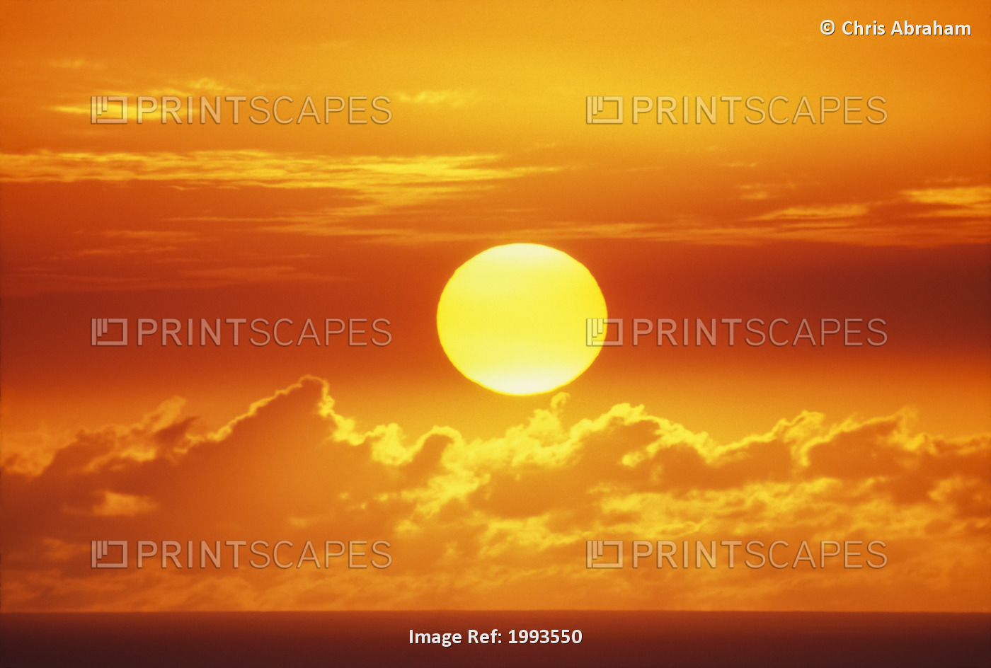 Hawaii, Oahu, Waikiki, View Of Huge Orange Sun Sinking Towards The Horizon.
