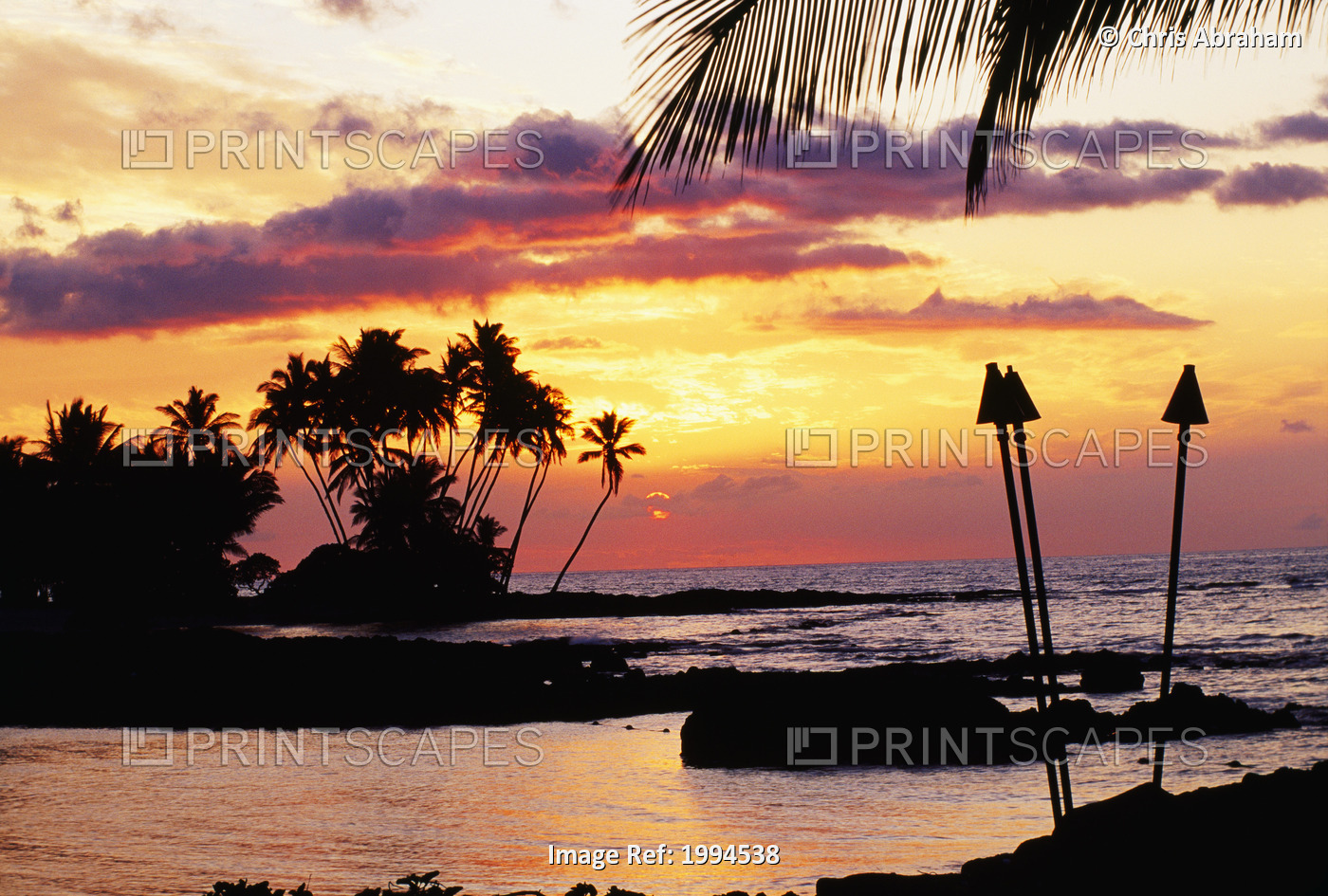 Hawaii, Big Island, Kohala, Waiulua Bay, Orange Sunset With Palm Trees And Tiki ...