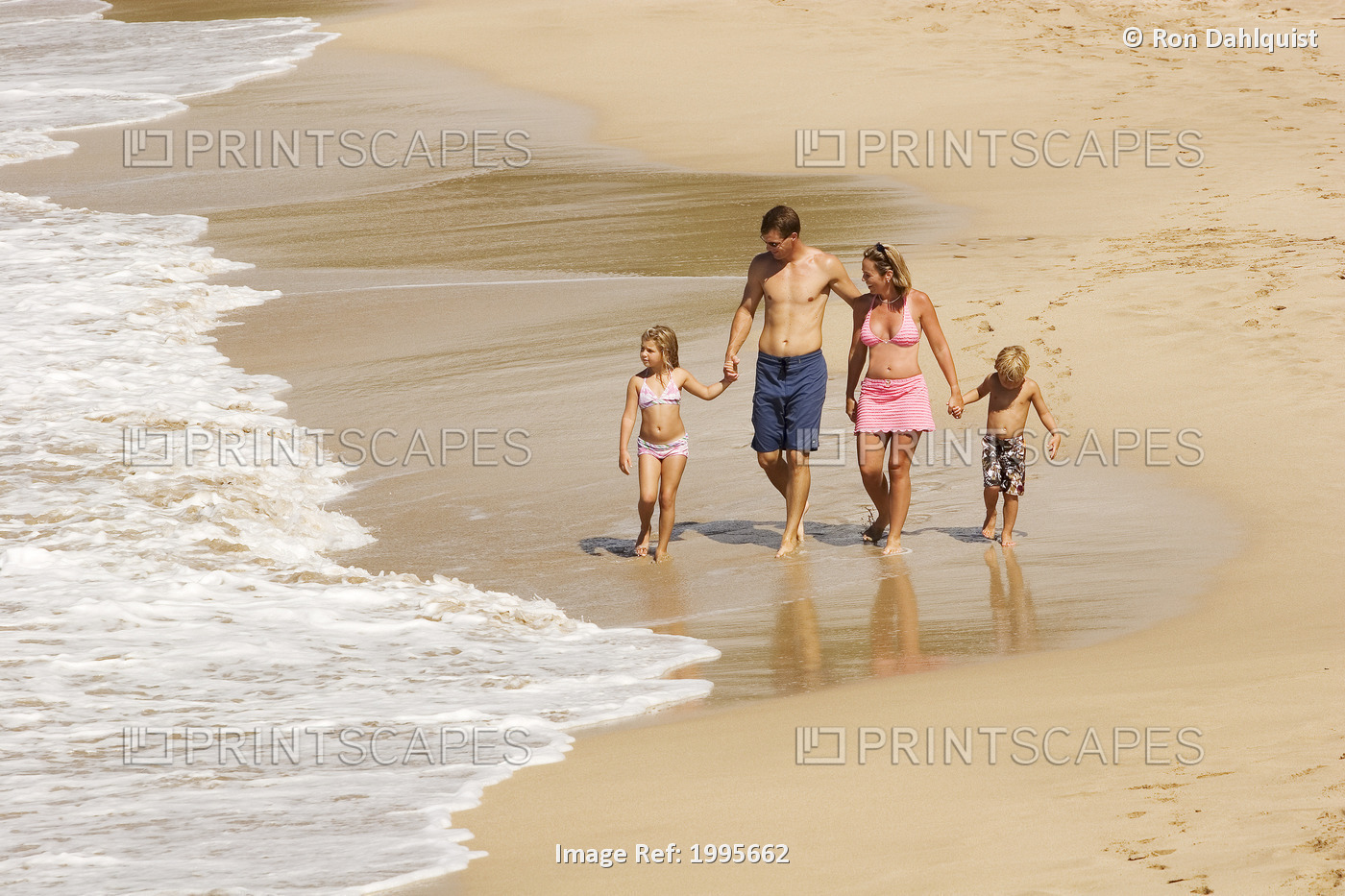 Hawaii, Maui, Kapalua, Fleming Beach, Family On Vacation Walking Down The Beach.