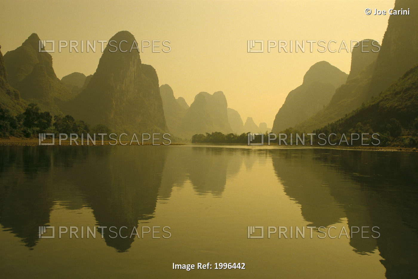China, Guilin, Piled Silk Mountains, Li River With Reflections In Water A72H