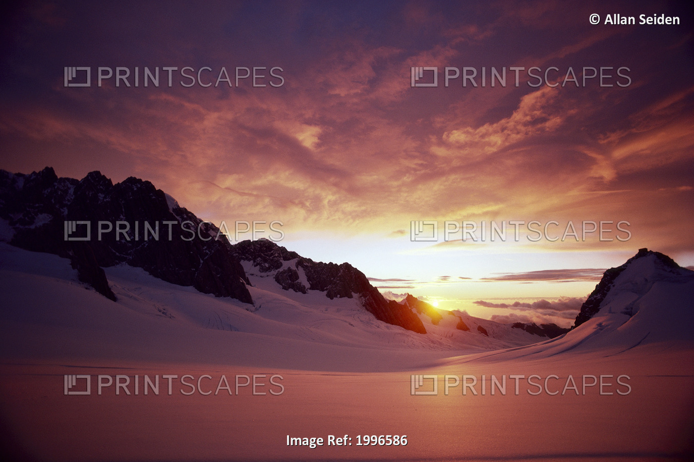 New Zealand, South Island, Mount Cook, Sunset Atop Glacier, Reflections A55B