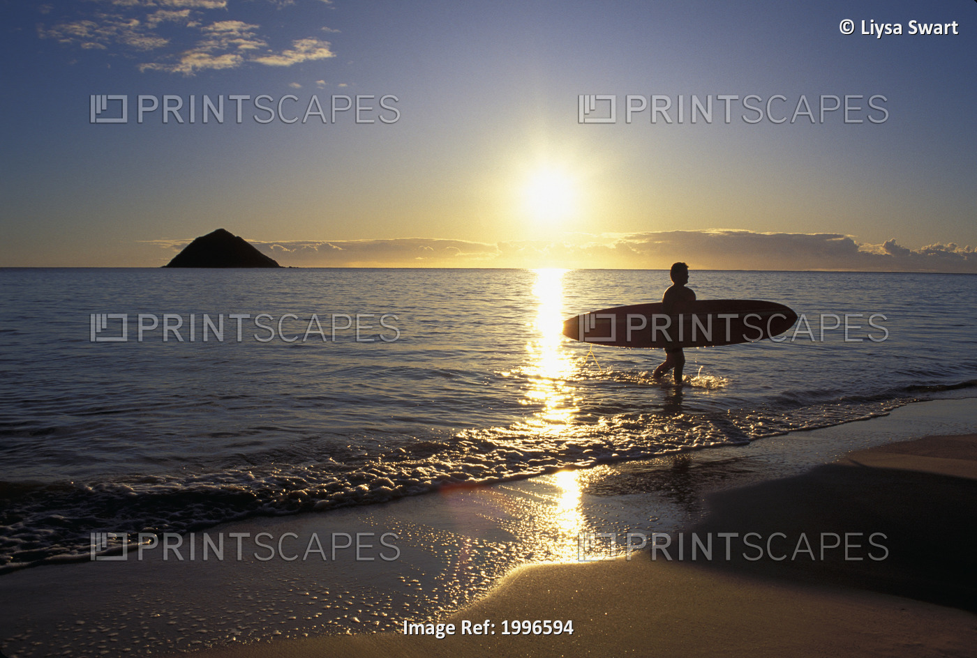 Hawaii, Silhouetted Surfer On Shore At Sunrise, Gold Light, Island Background