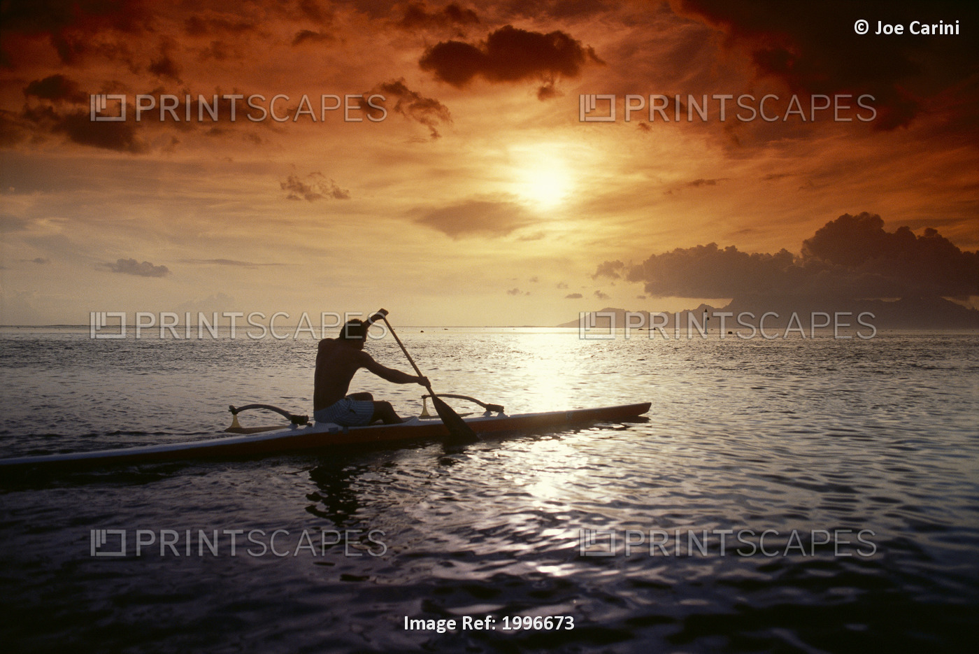 French Polynesia, Tahiti, Papeete, Native Man Kayaking In Warm Sunset A56E