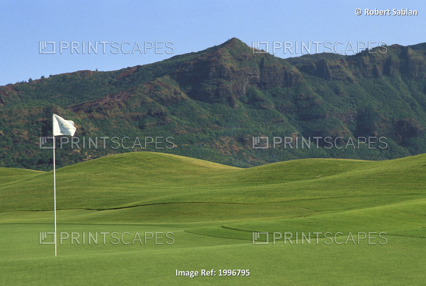 Hawaii, Kauai, Kauai Marriott Golf Course Rolling Hills With Mountains In ...
