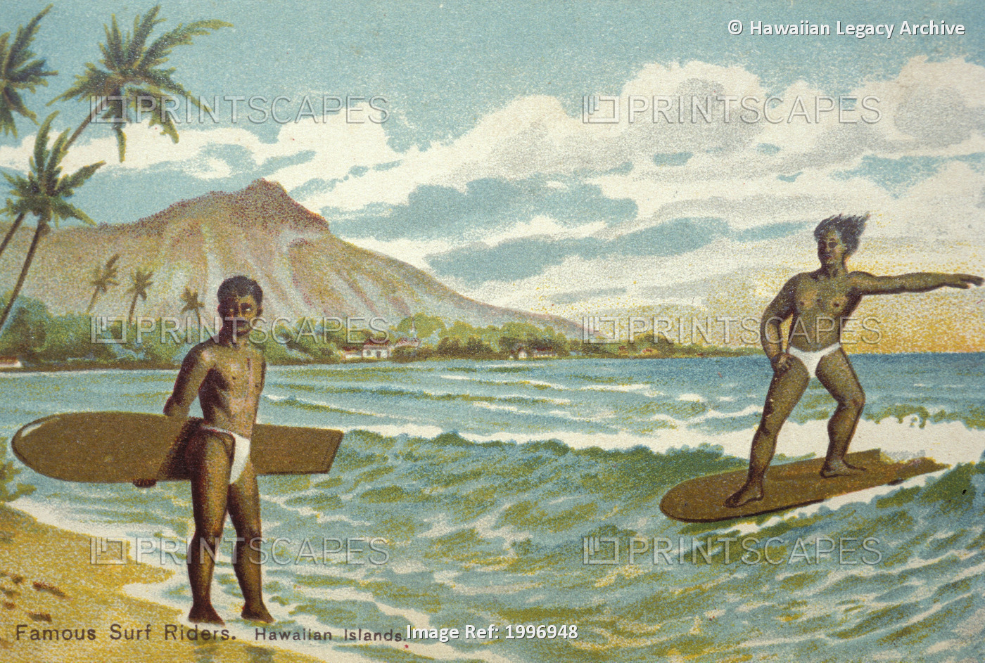 C.1905 Hawaii, Oahu, Waikiki, Man On Surfboard Riding Wave With Man On Shore, ...