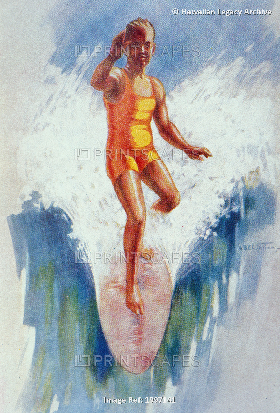 C.1926 H. B. Christian Art, Front View Of Surfer In Hawaii, Catching Wave, Arm ...