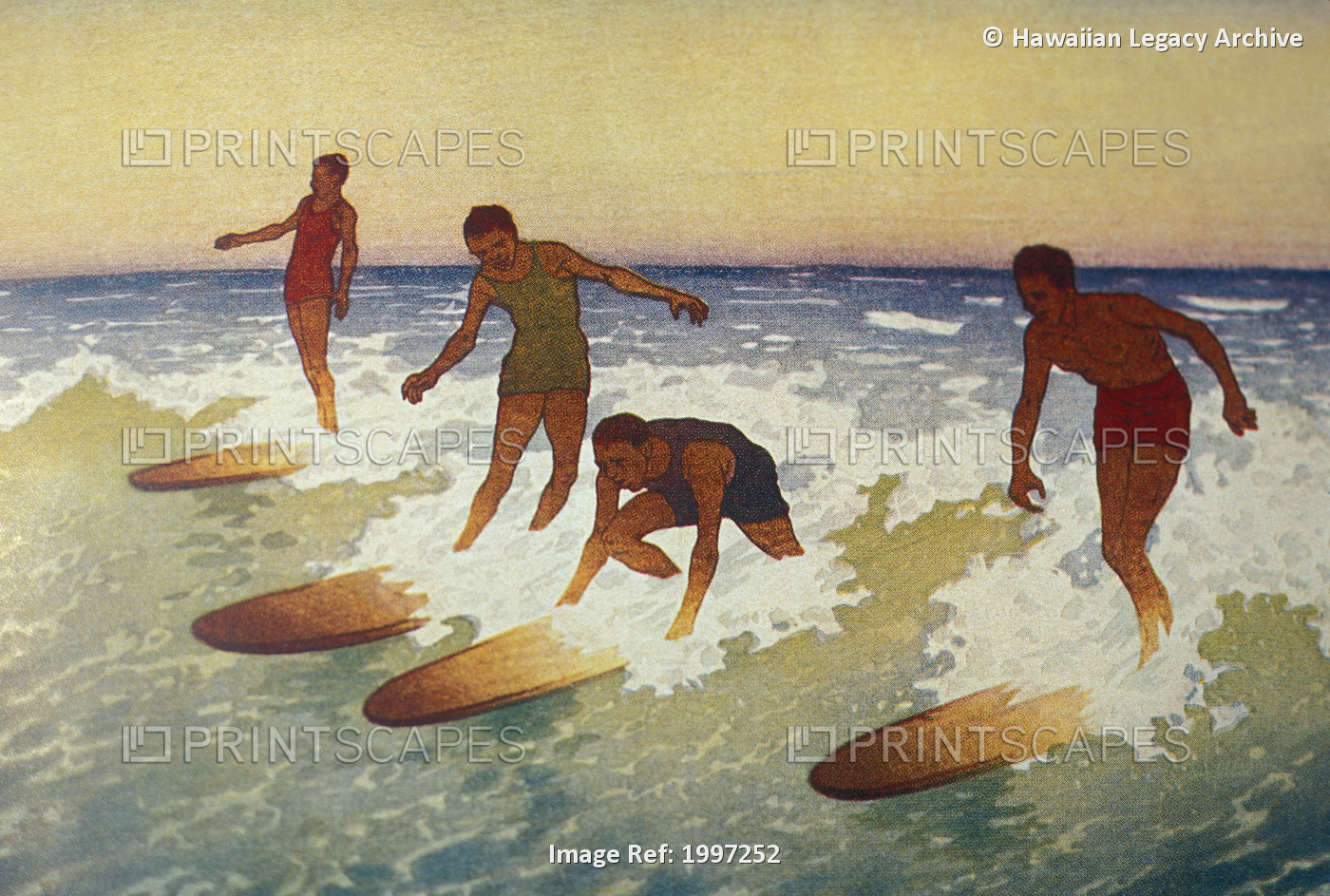 C.1927 Hawaii, Painting, Charles Bartlett, 4 Surfers Catching A Wave