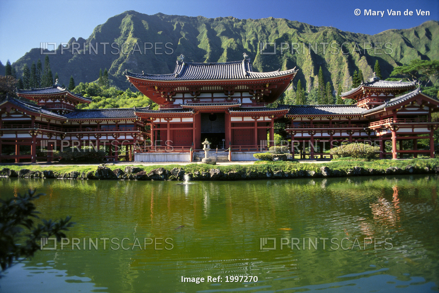 Hawaii, Oahu, Kahaluu, Byodo-In Temple With Pond Foreground, Ko'olau Mountains ...