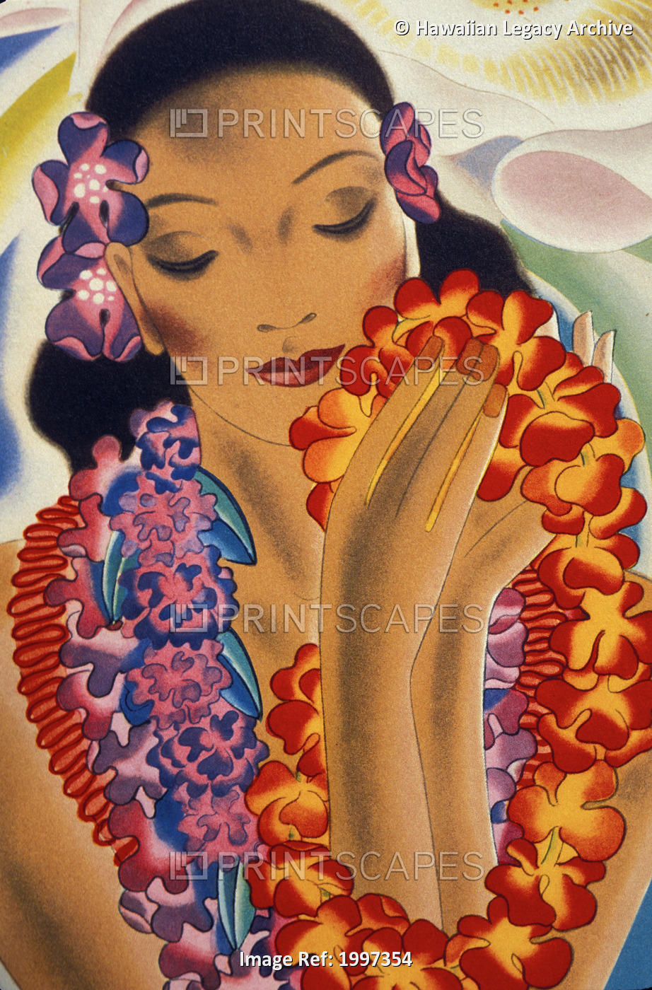 Painting Of A Hawaiian Woman Wearing Flower Leis