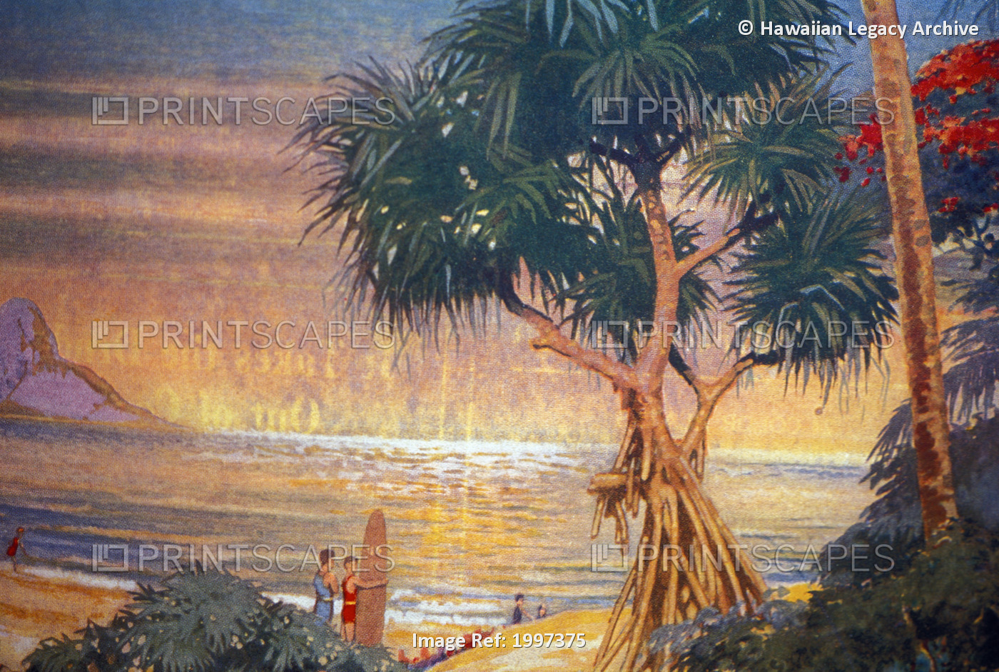 C.1929 Hawaii, Oahu, Art, Surfer Looks At View Of Ocean Sunset