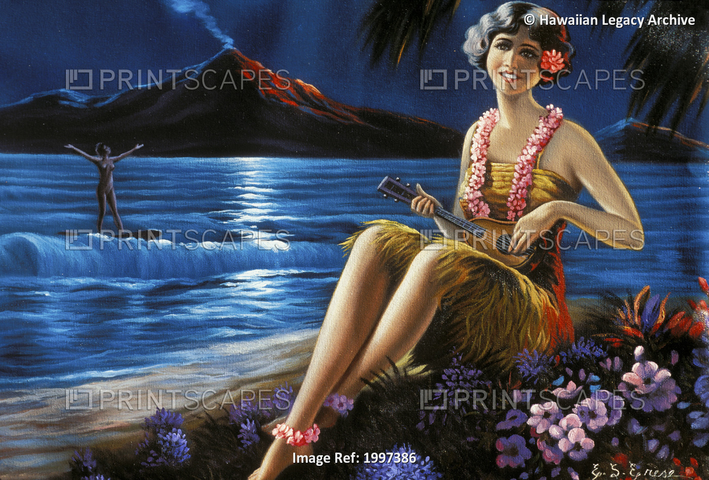 C.1930-1940 Hawaii, Art, Ukulele Girl On Beach, Moonlit Surfer, Volcano ...