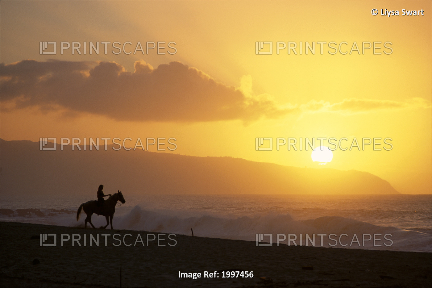 Hawaii, Oahu, North Shore, Girl On Horseback At Sunset On Beach, Distance A43F