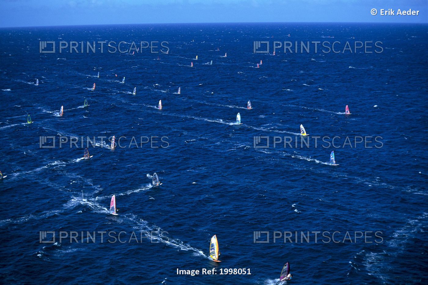 Hawaii, Maui, Ho'okipa, Aerial Of Group Windsurfers, Blue Ocean, Horizon