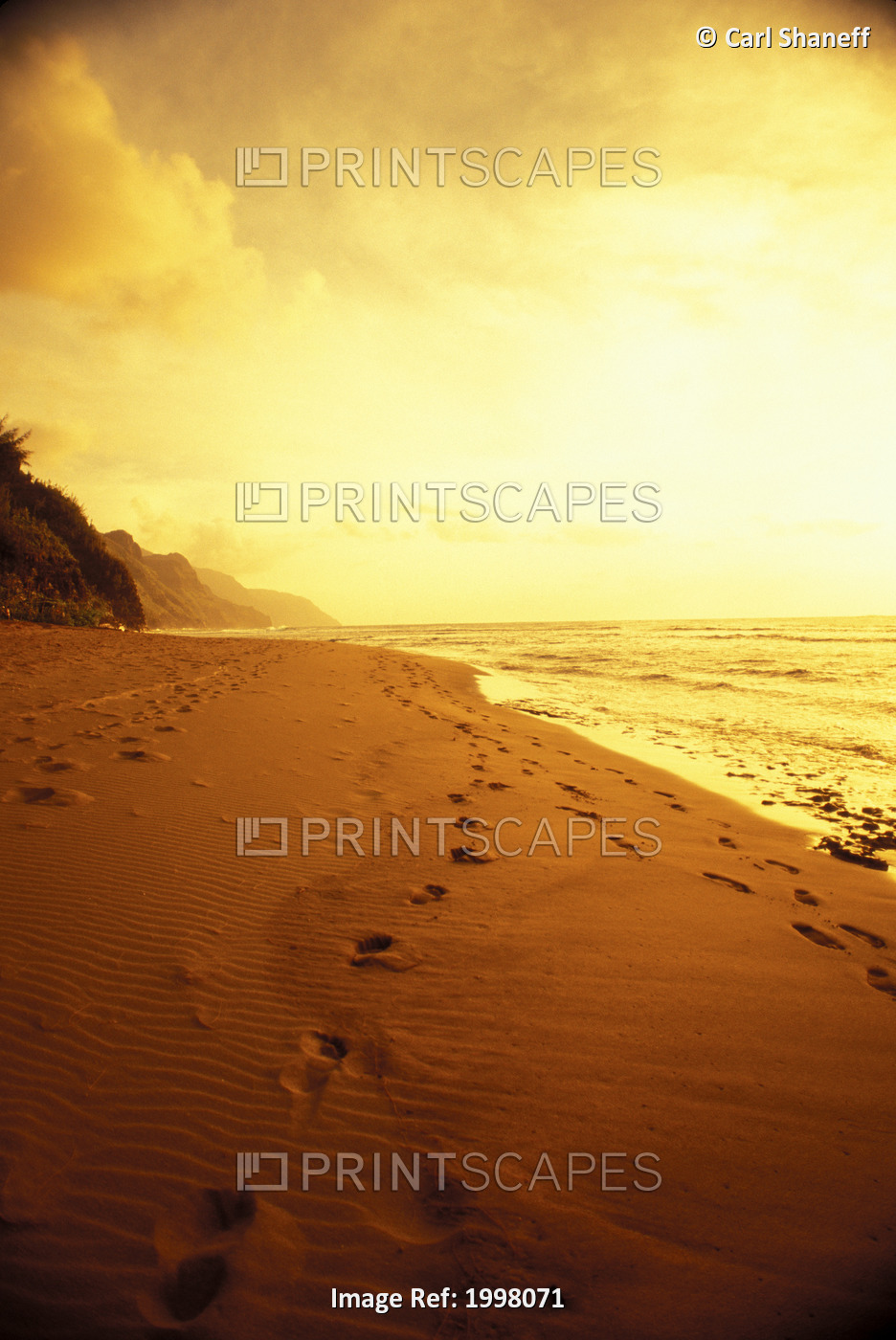 Hawaii, Kauai, Na Pali Coast, Beach At Sunset With Footprints In Sand, Golden ...