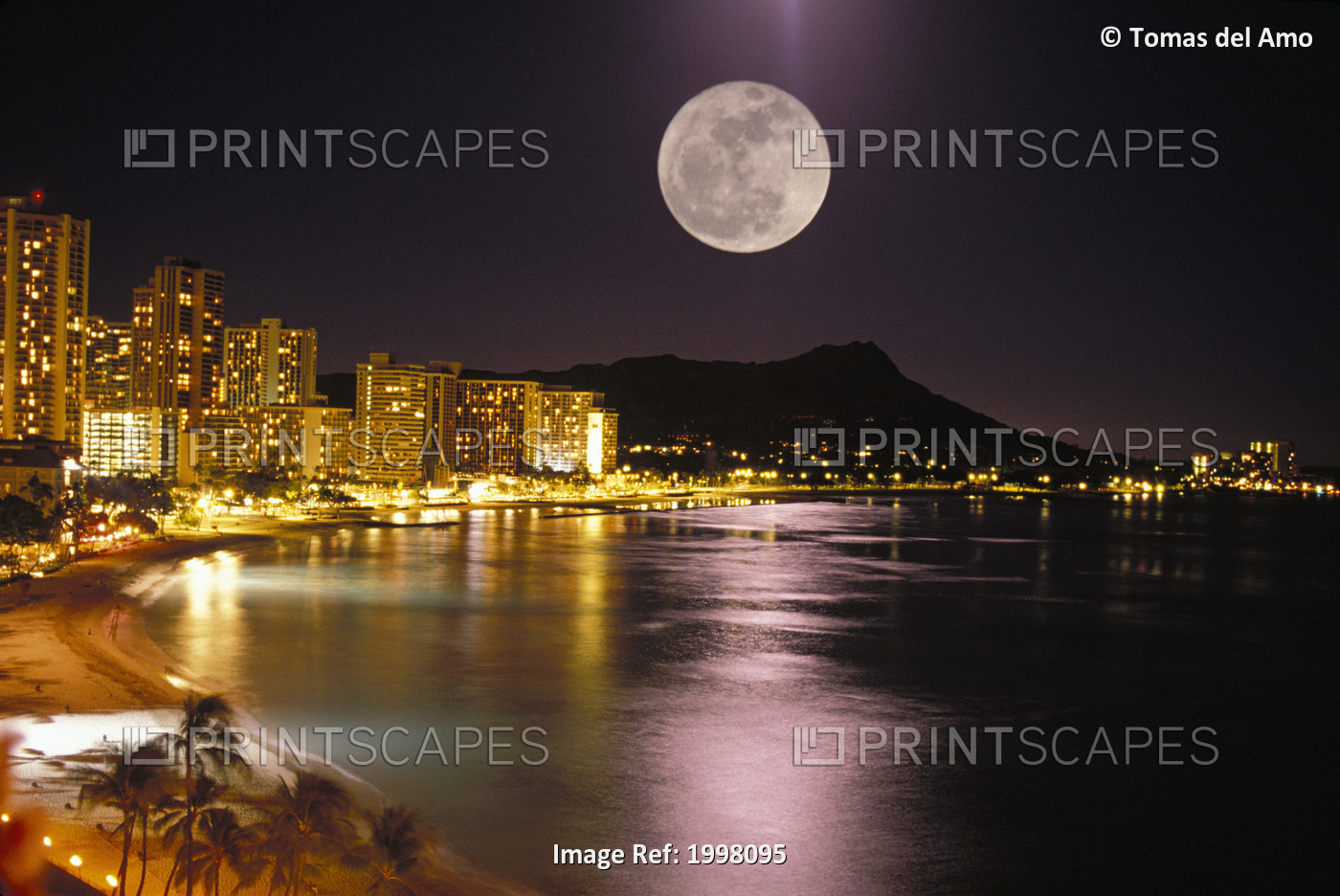 Hawaii, Oahu, Diamond Head, Waikiki Beach, Full Moon Reflecting, City Lights