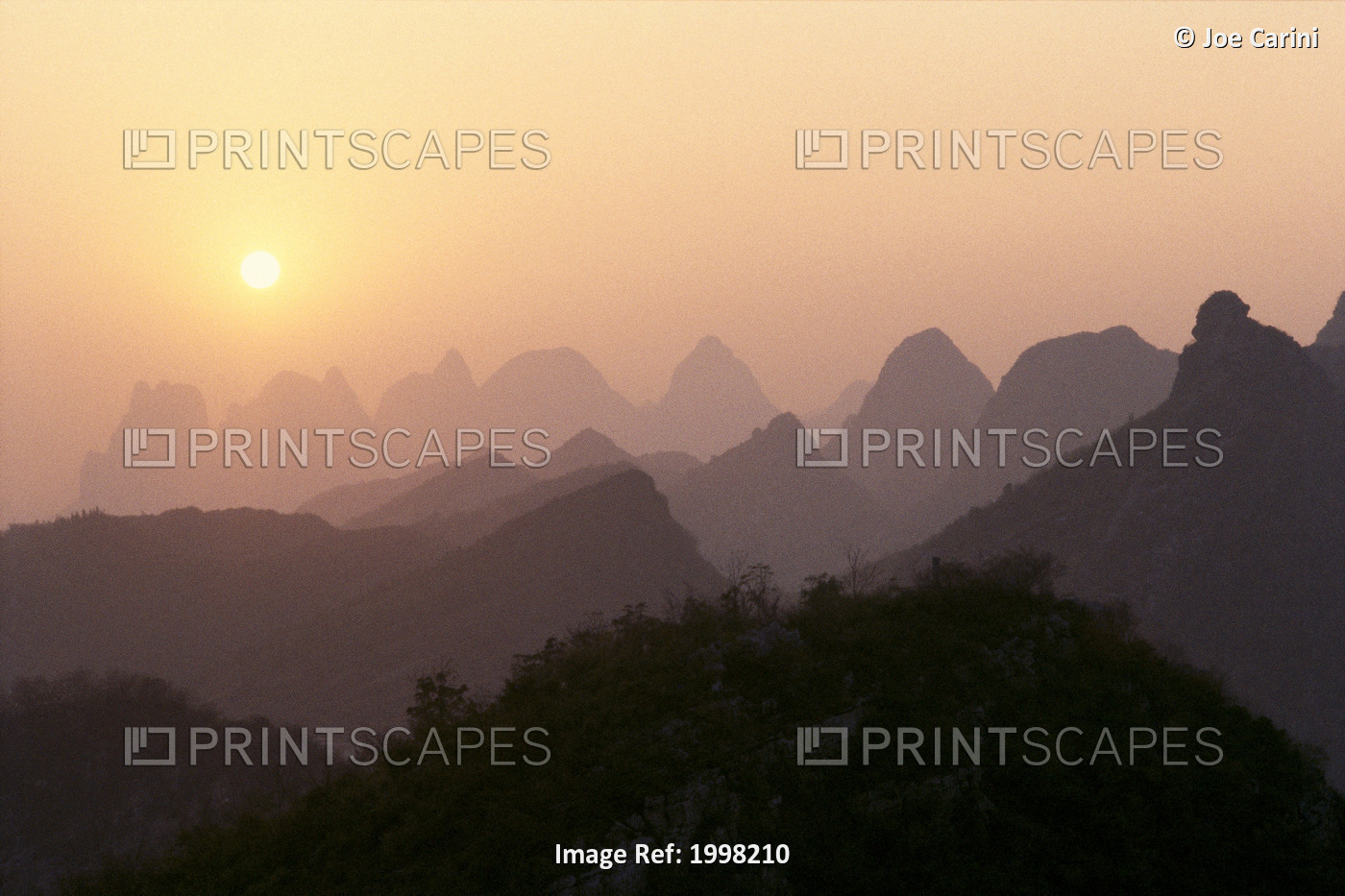 China, Guilin, Piled Silk Mountains, At Sunset, Orange Sky B1785