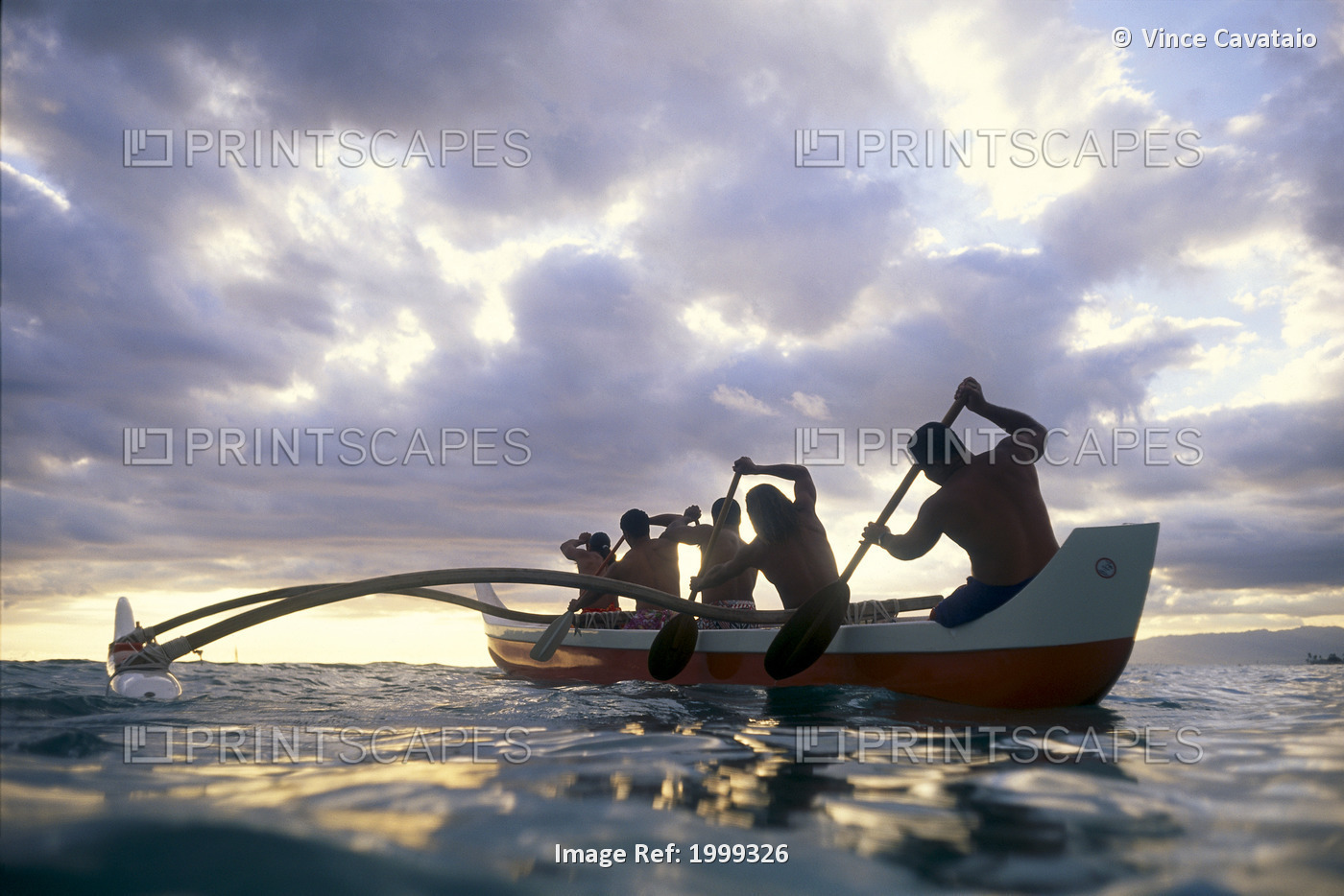 Hawaii, Outrigger Canoe Men Paddle Into Sunset, Dramatic Clouds, Reflections